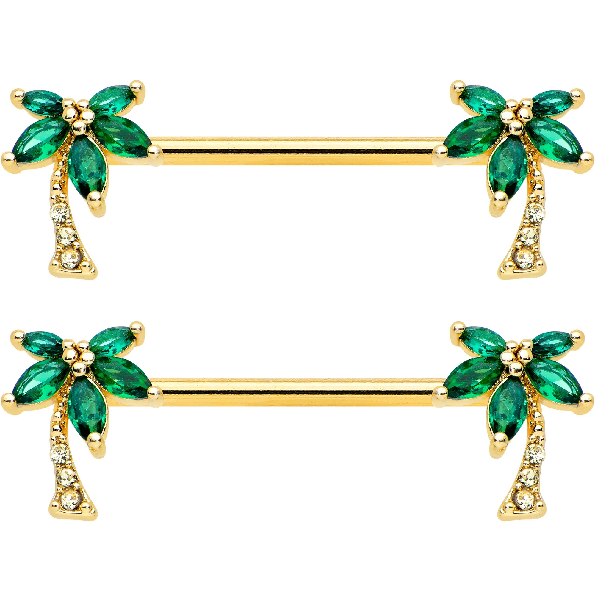 14 Gauge 9/16 Clear Green Gem Gold Tone Palm Tree Nipple Ring Set