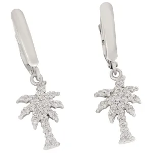14k White Gold "Sea Jewels" Pavé Diamond Palm Tree Euro Wire Earrings, D=.32tw