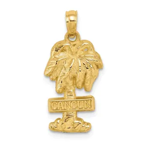 14K Yellow Gold Polished Textured Finish CANCUN Sign on Palm Tree Charm Pendant