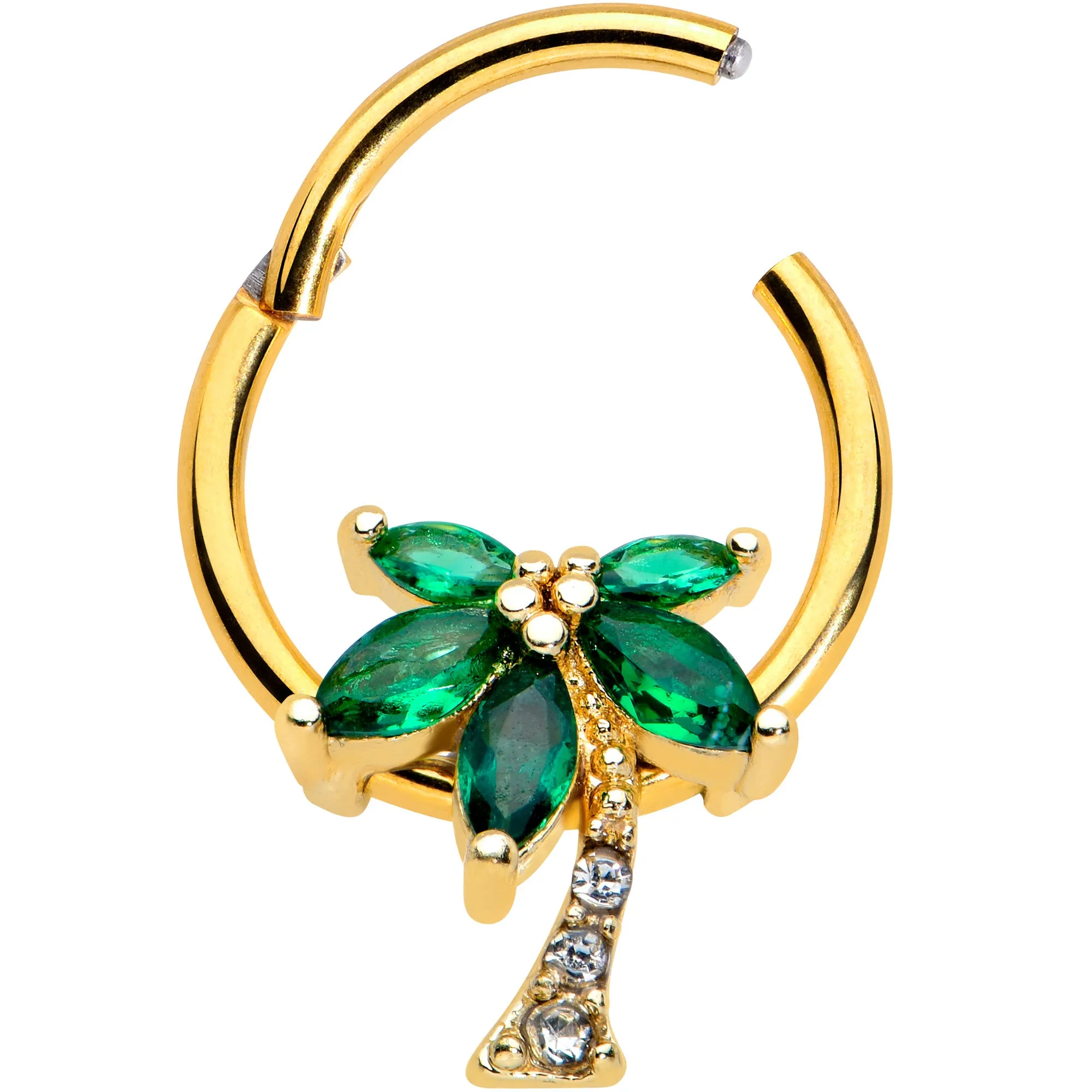 16 Gauge 3/8 Green Gem Gold Tone Palm Tree Hinged Segment Ring