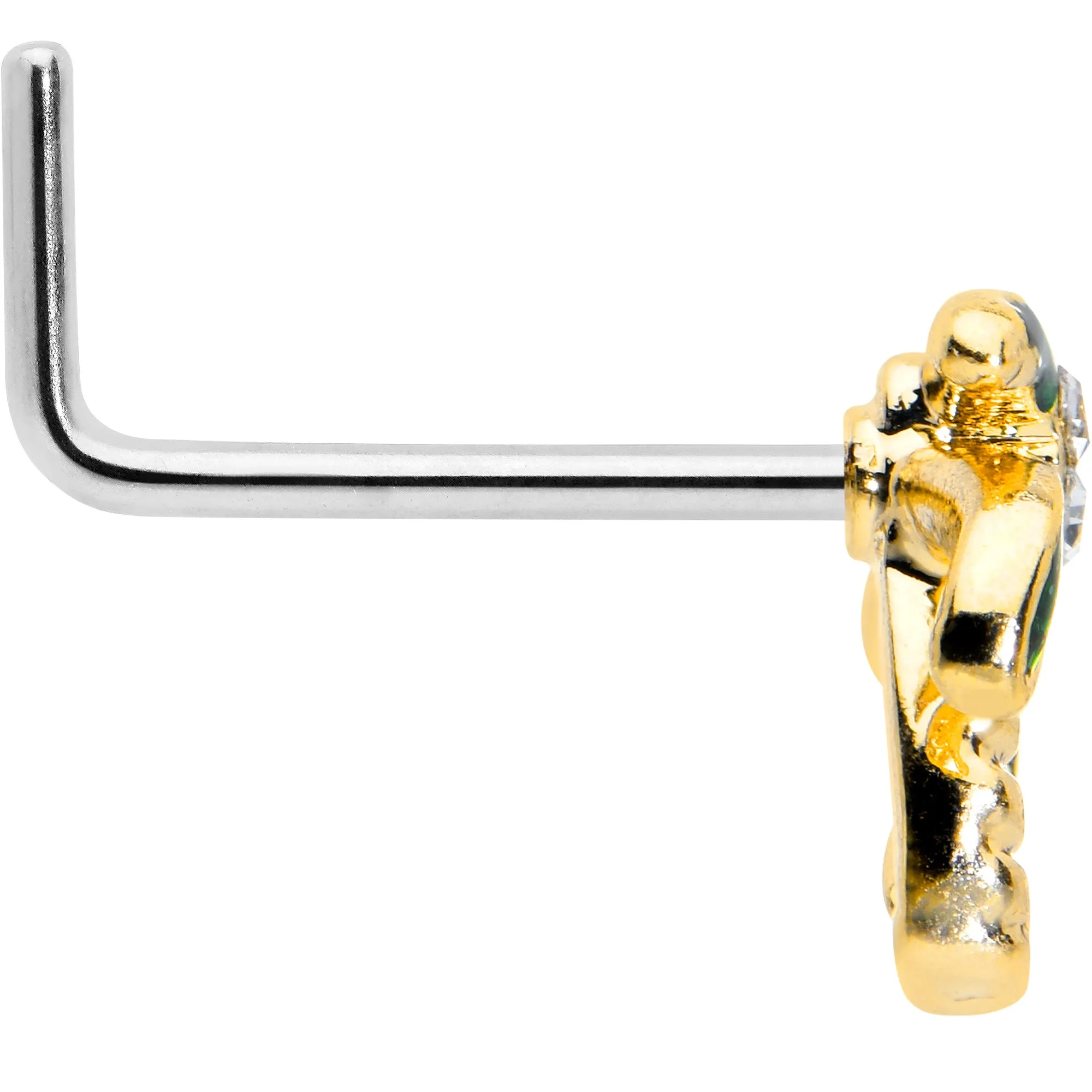 20 Gauge 1/4 Clear Gem Golden Palm Tree Style L Shape Nose Ring