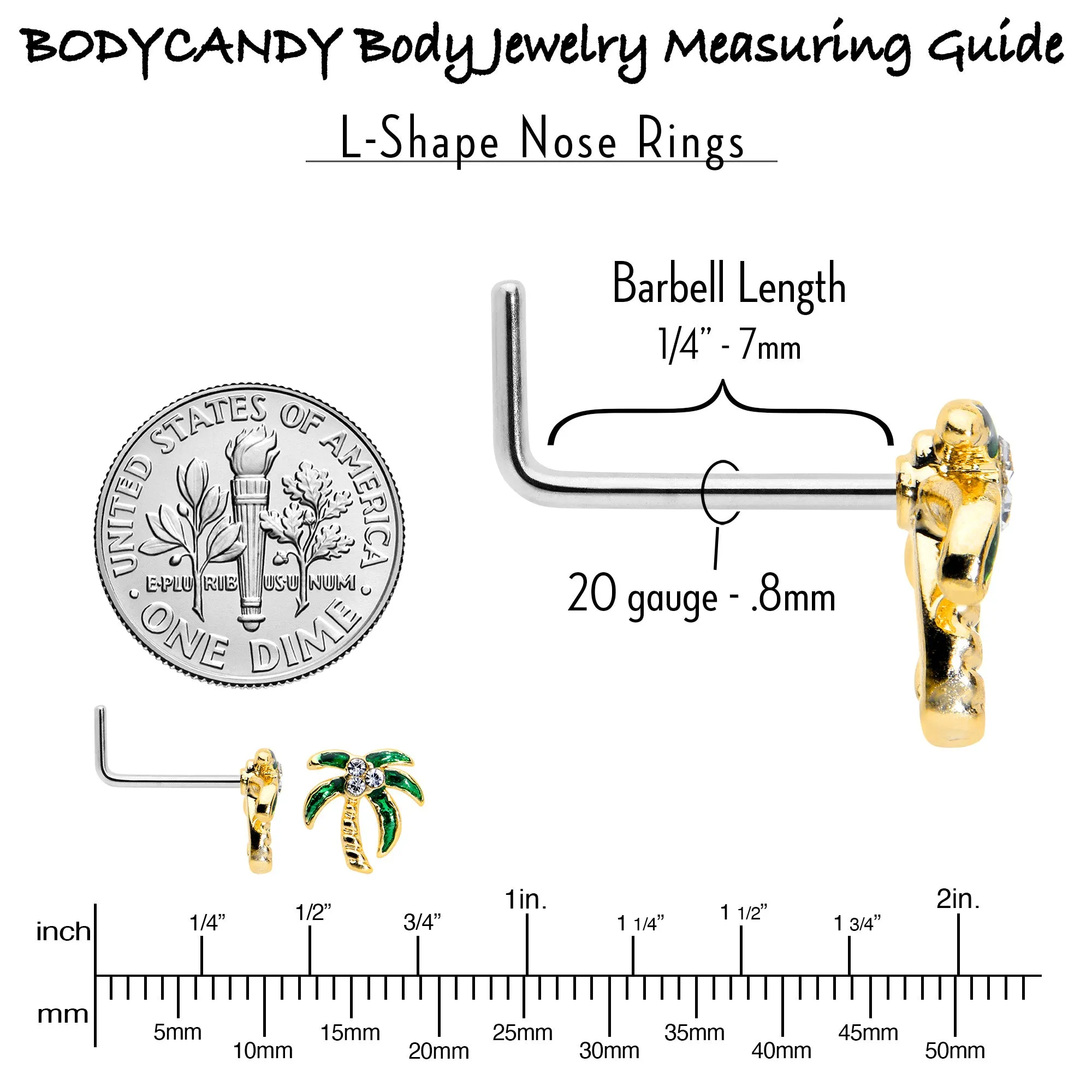 20 Gauge 1/4 Clear Gem Golden Palm Tree Style L Shape Nose Ring