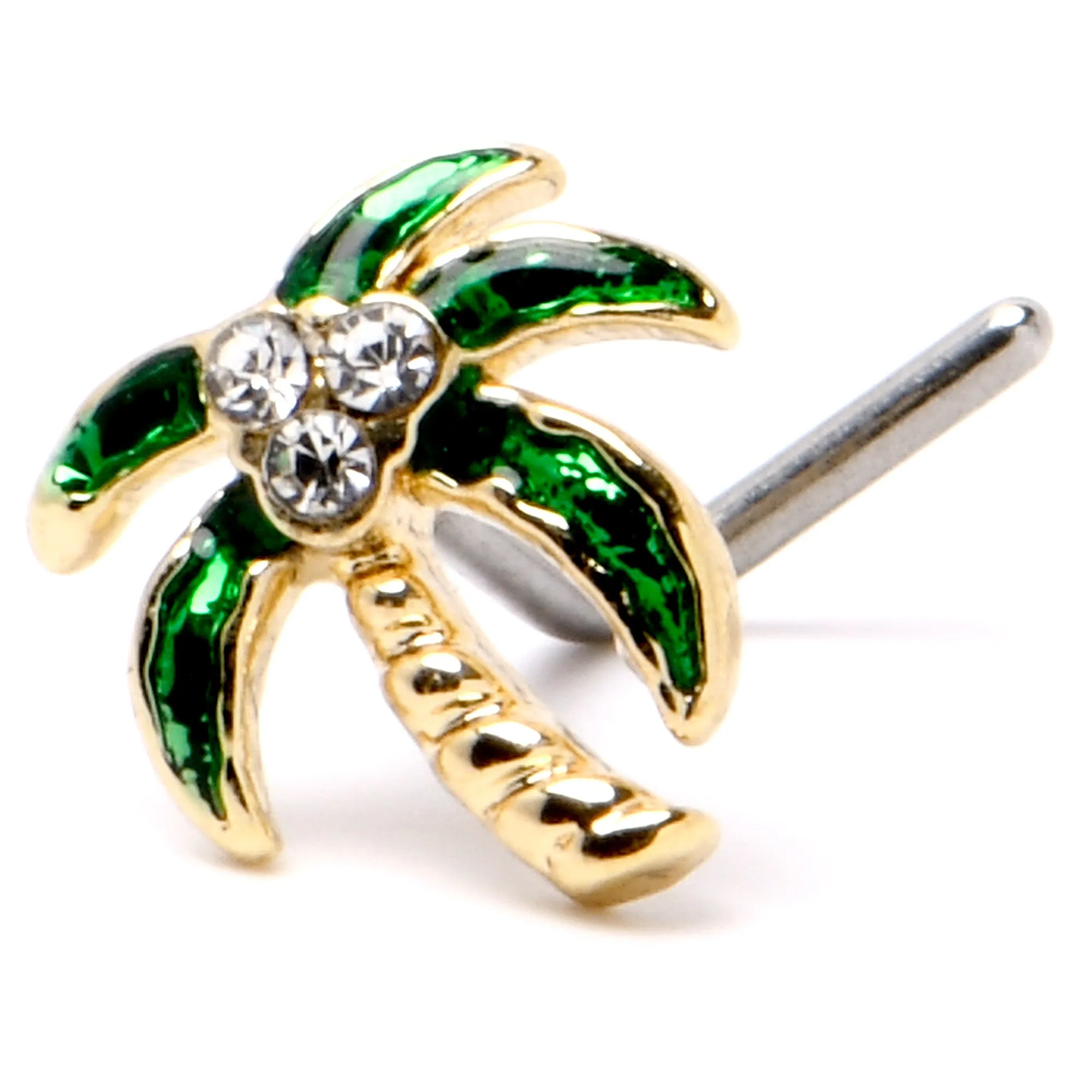 20 Gauge 1/4 Clear Gem Golden Palm Tree Style L Shape Nose Ring