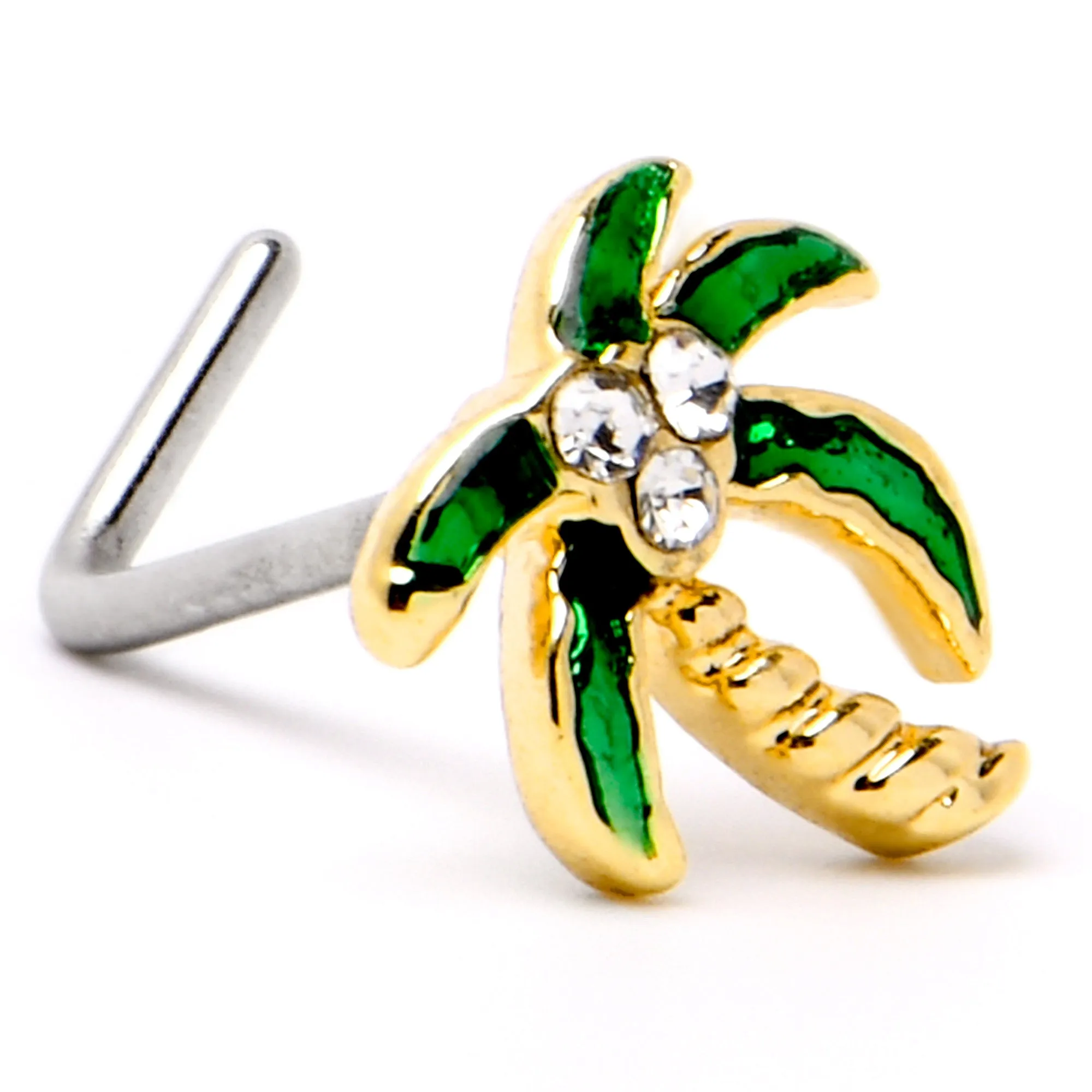 20 Gauge 1/4 Clear Gem Golden Palm Tree Style L Shape Nose Ring