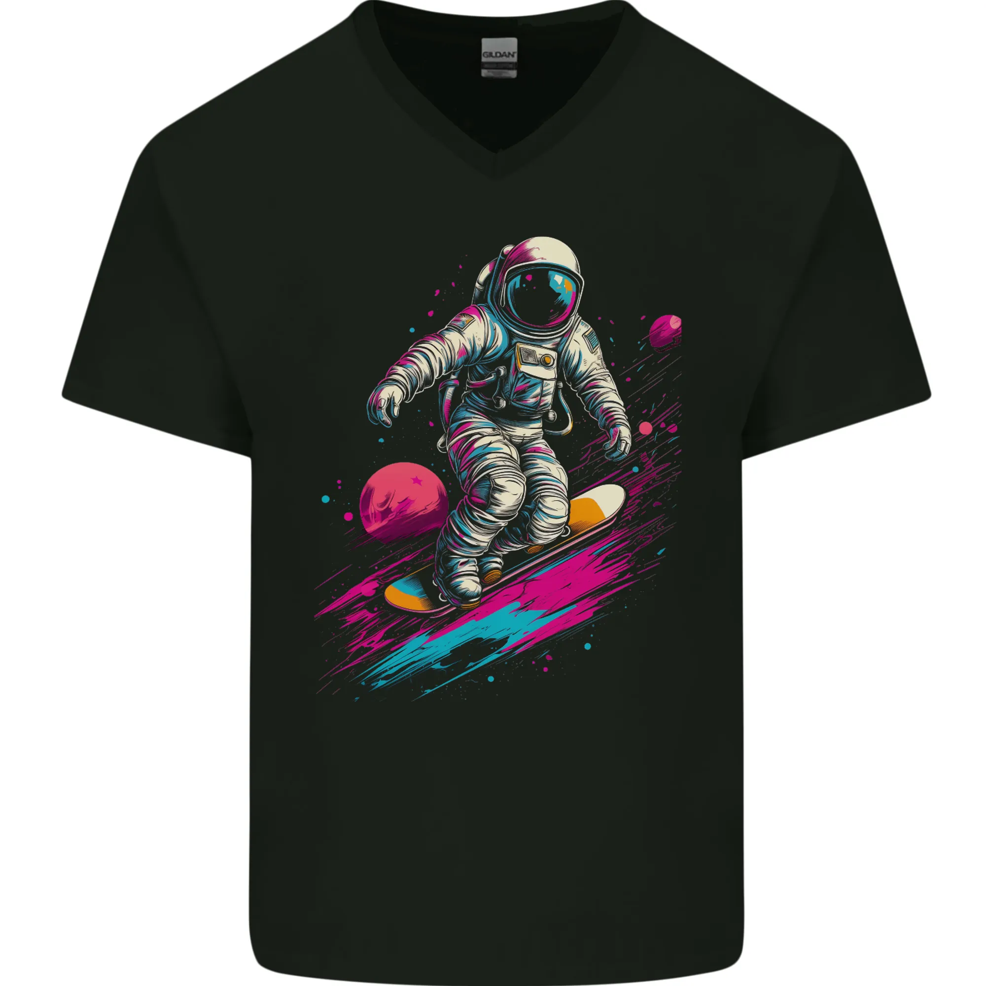 Astro Skater Astronaut Skateboarding Space Mens V-Neck Cotton T-Shirt