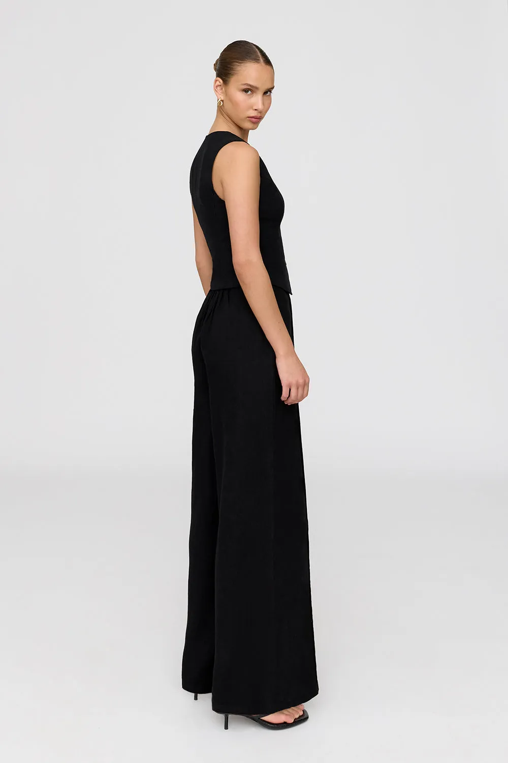 ATHENS LINEN BLEND TAILORED WIDE LEG TROUSERS - SHADOW BLACK