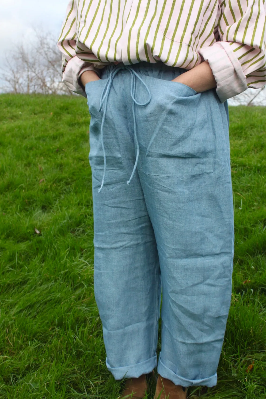 Barrel Leg Linen Trousers in sky blue linen