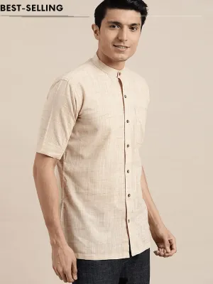 Beige Textured Mandarin Men Shirt