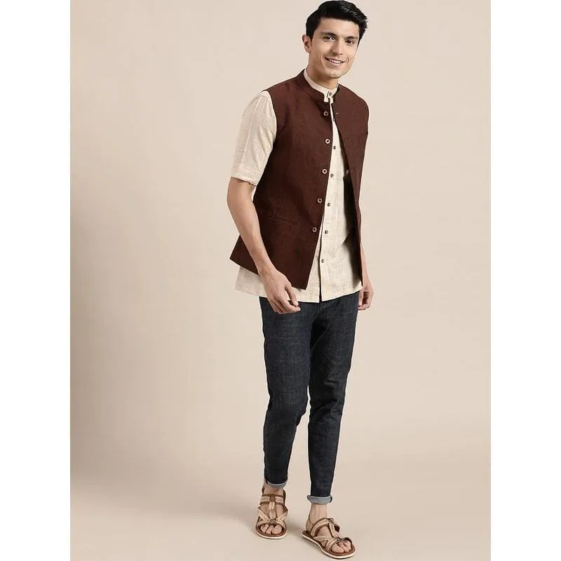 Beige Textured Mandarin Men Shirt