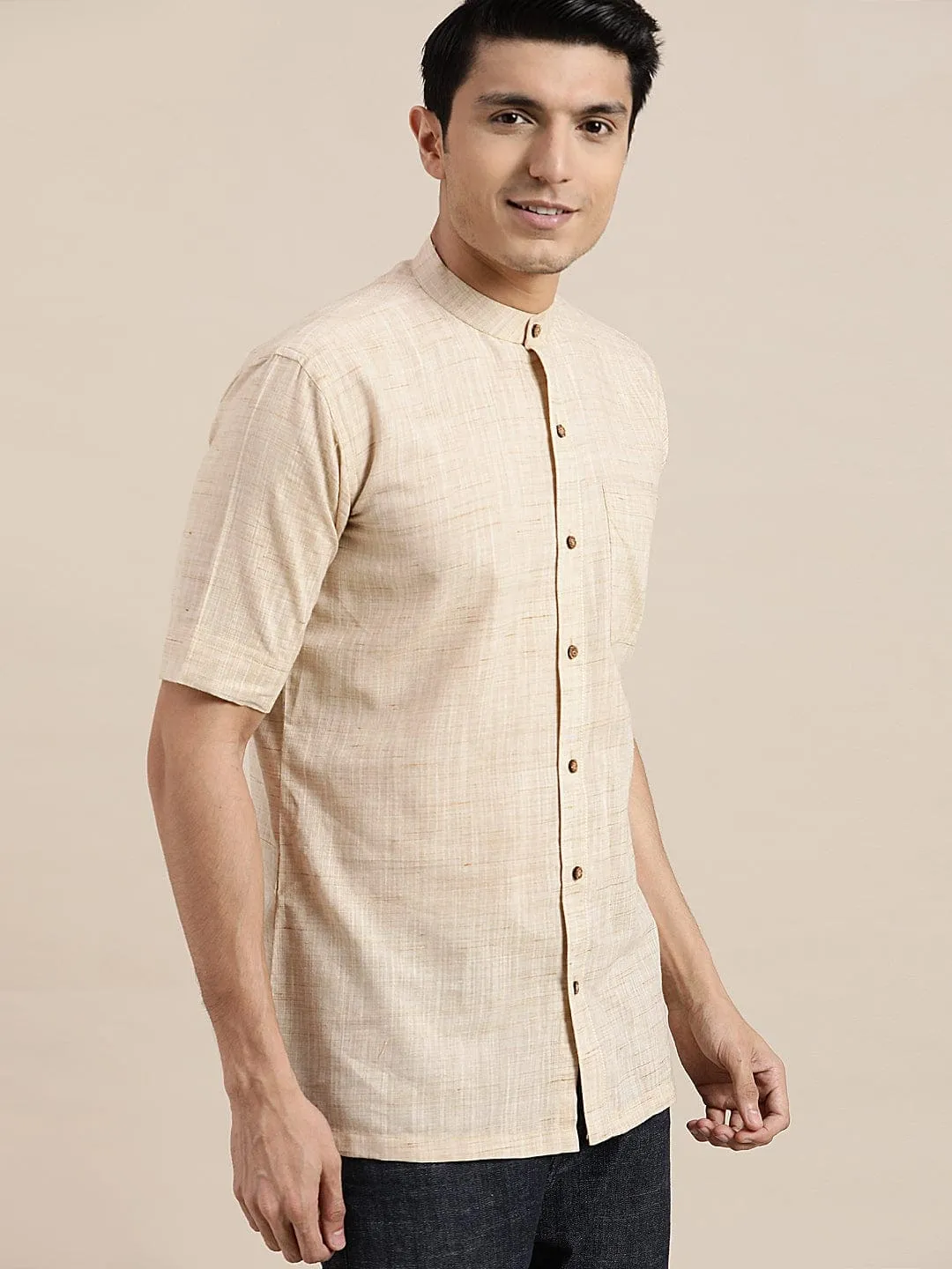 Beige Textured Mandarin Men Shirt