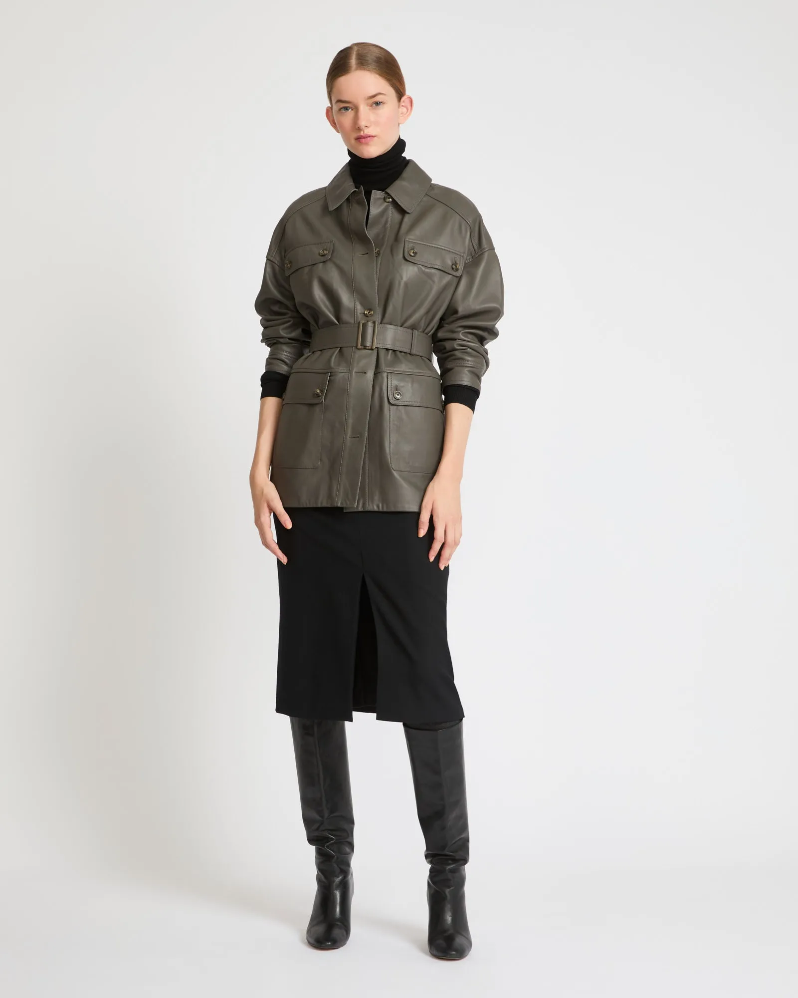 Belted safari jacket in lambskin leather