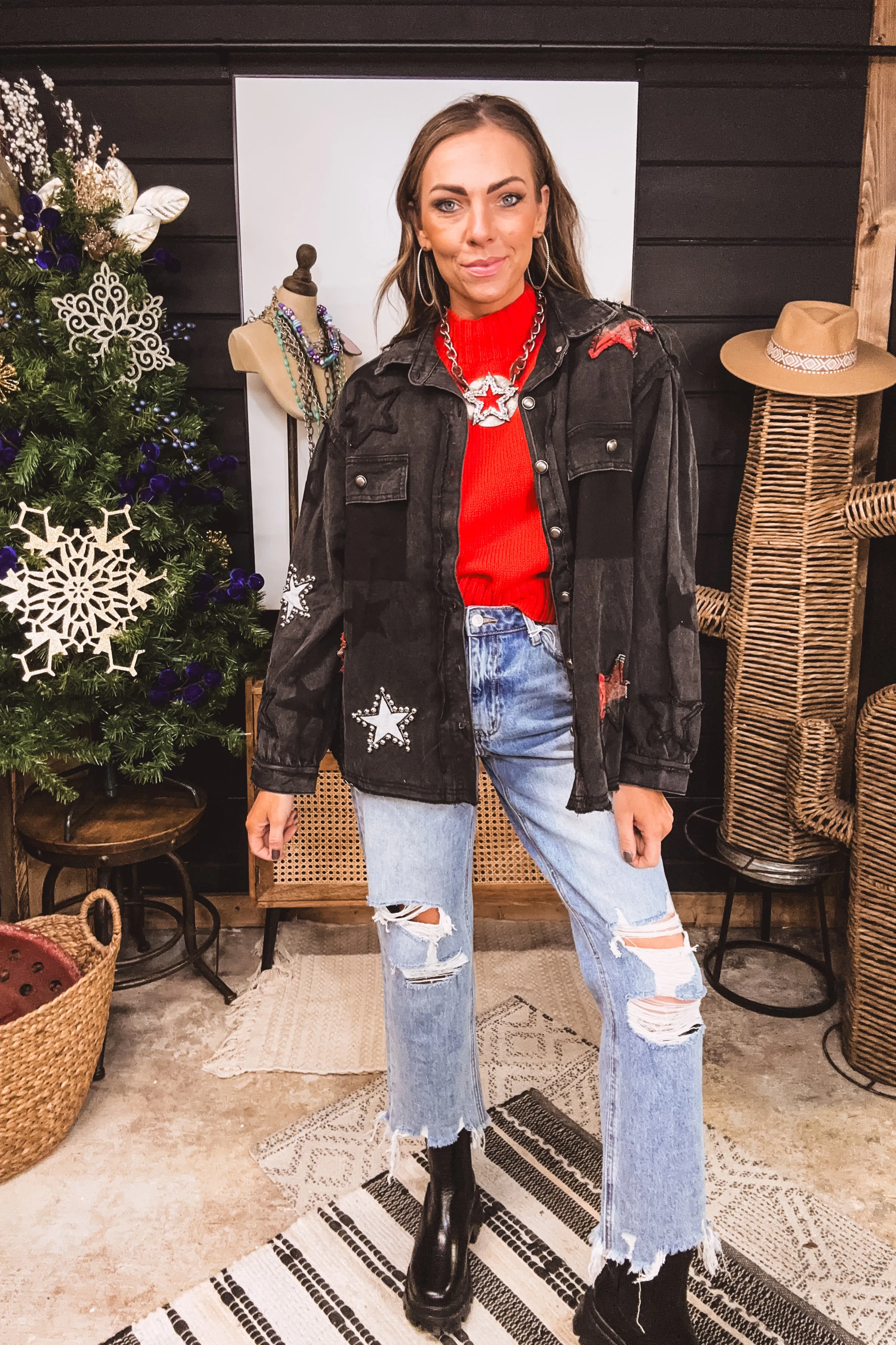Black Flannel Star Patch Rivet Jacket