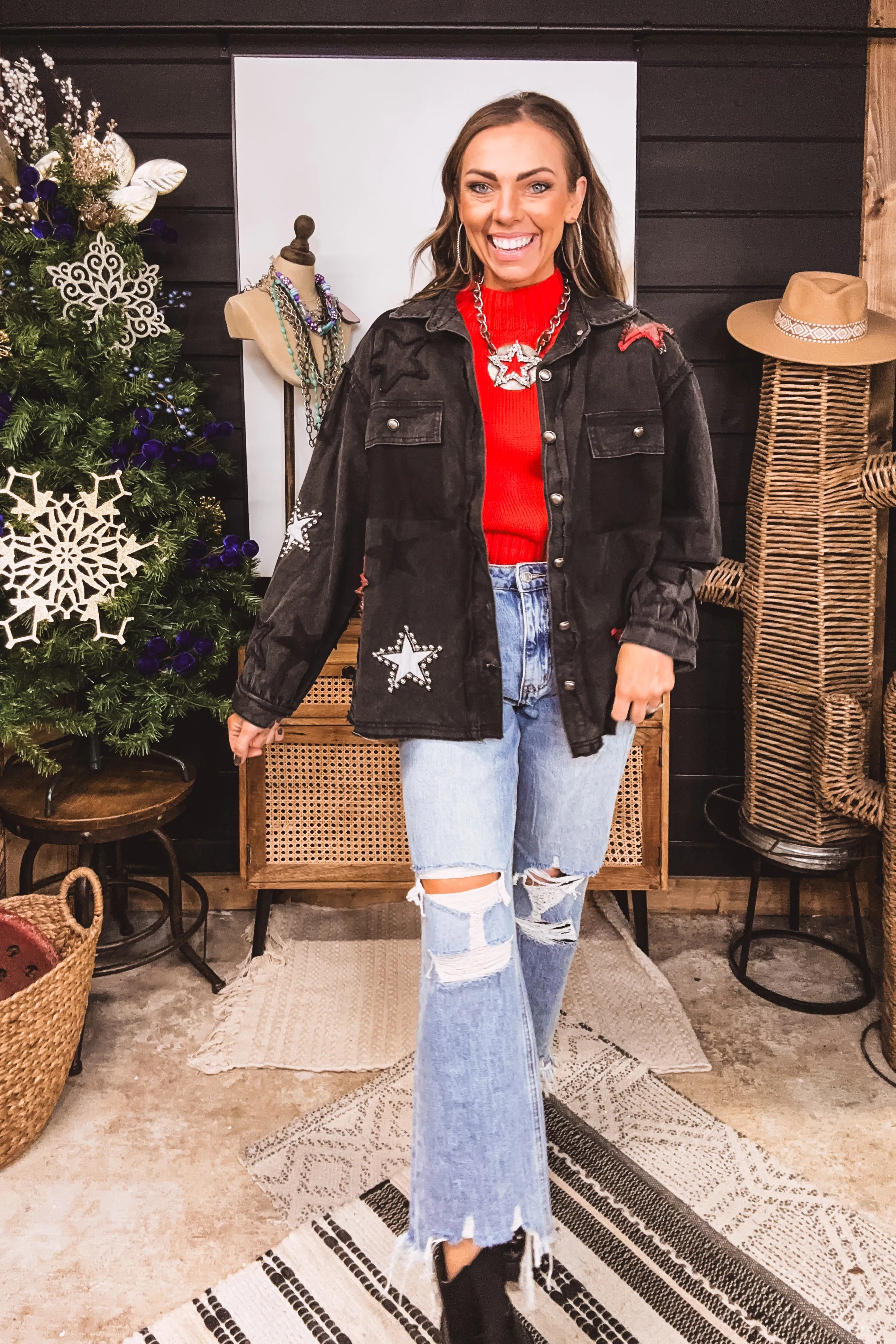 Black Flannel Star Patch Rivet Jacket