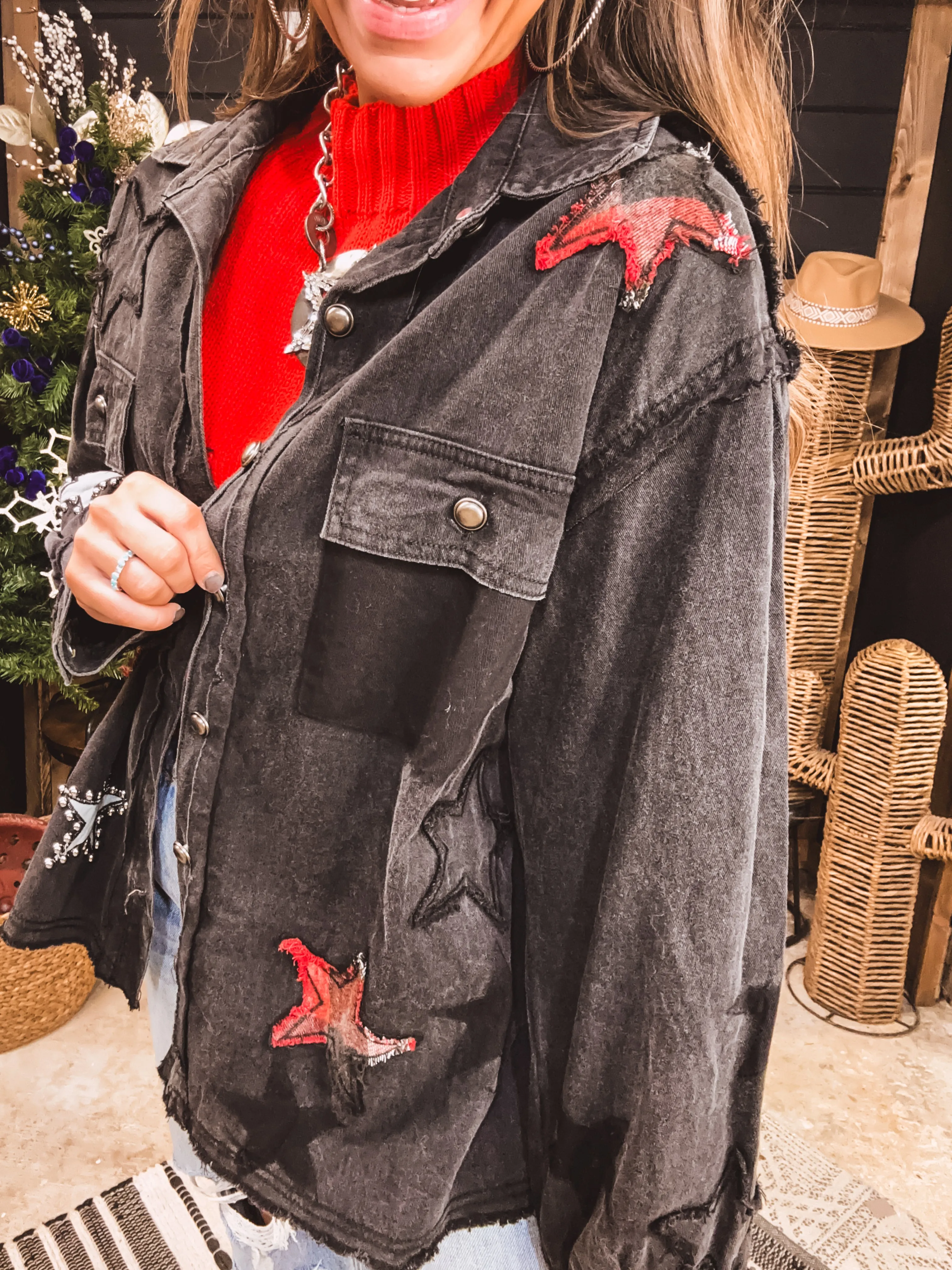 Black Flannel Star Patch Rivet Jacket