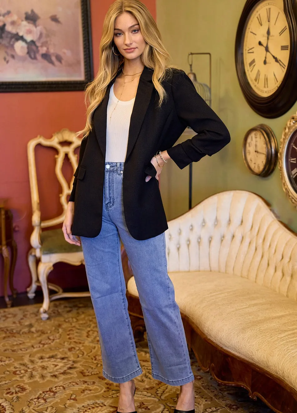 Black Gathered Sleeve Boyfriend Blazer