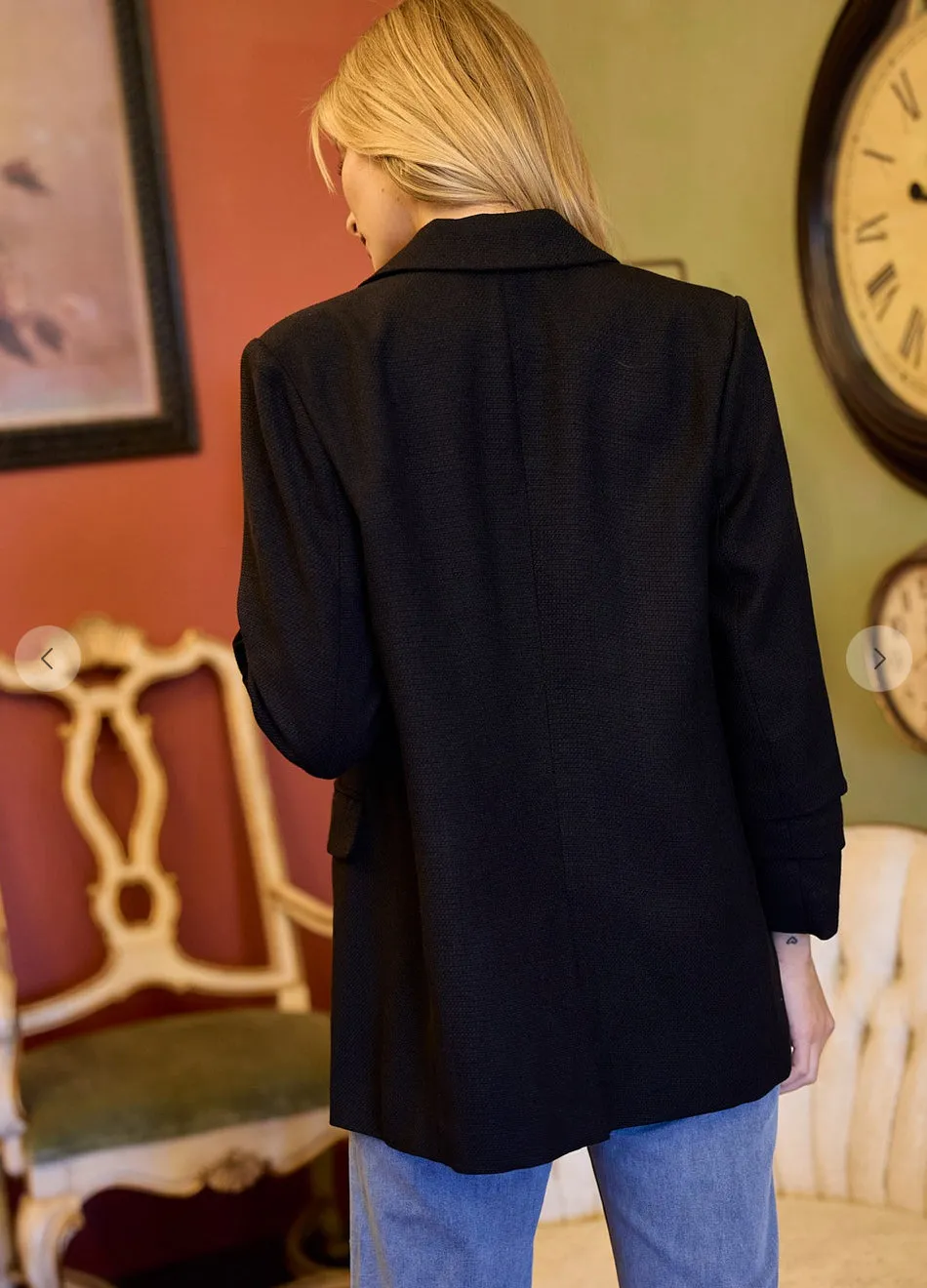 Black Gathered Sleeve Boyfriend Blazer