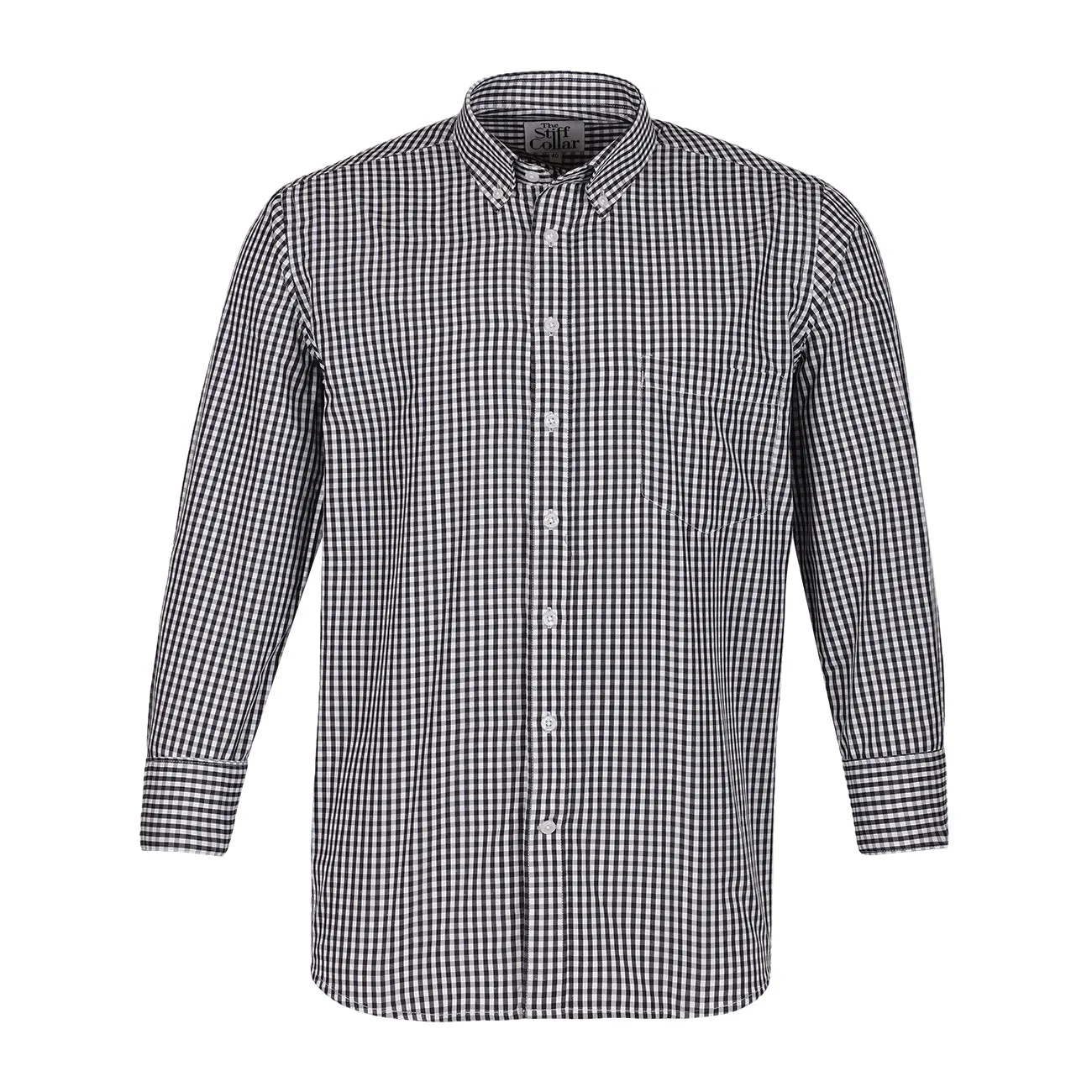 Black Gingham Checks Button Down Cotton Blend Shirt