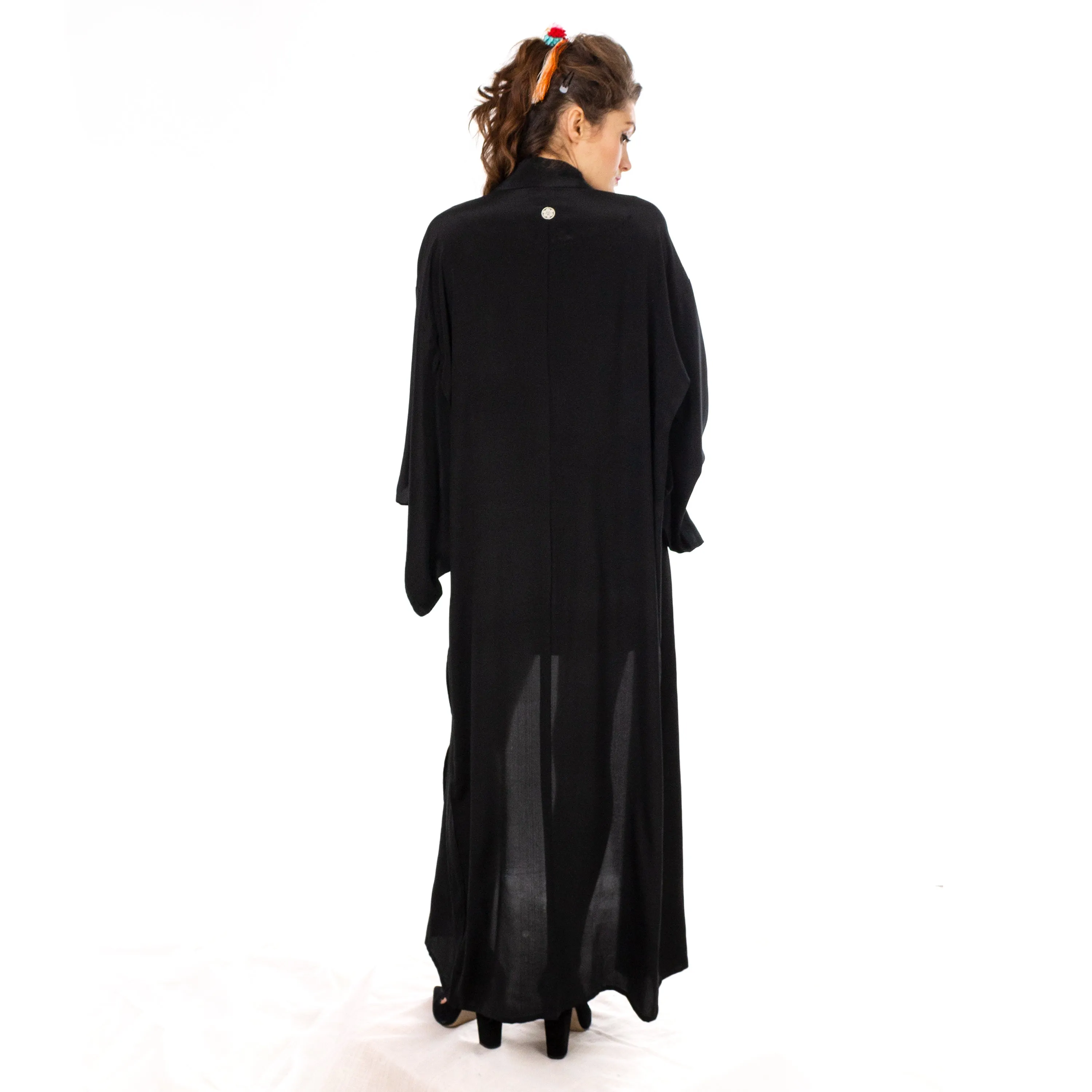 Black Sheer Silk Kimono with Red Crane Sash
