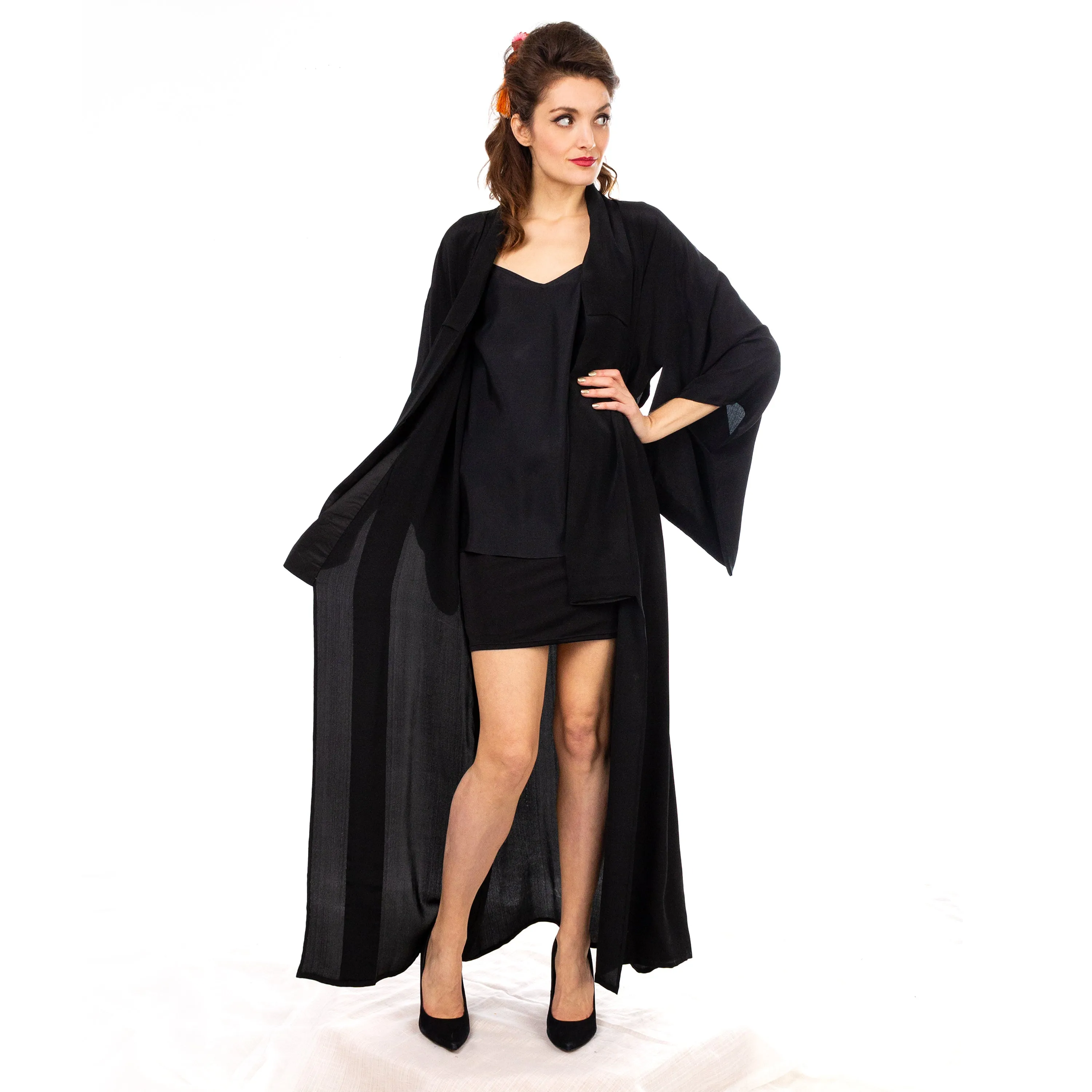 Black Sheer Silk Kimono with Red Crane Sash