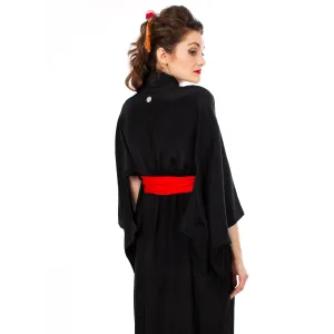 Black Sheer Silk Kimono with Red Crane Sash