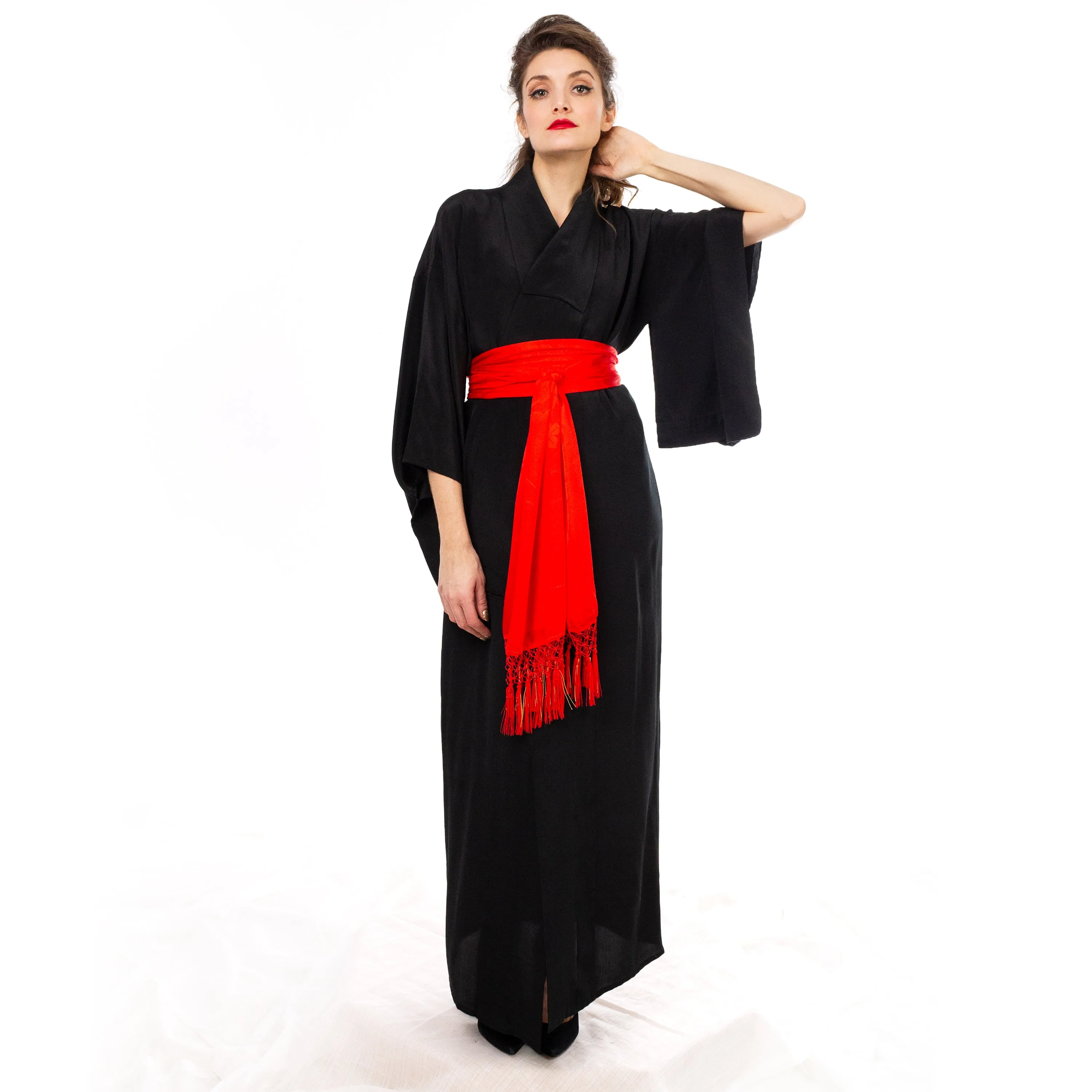 Black Sheer Silk Kimono with Red Crane Sash