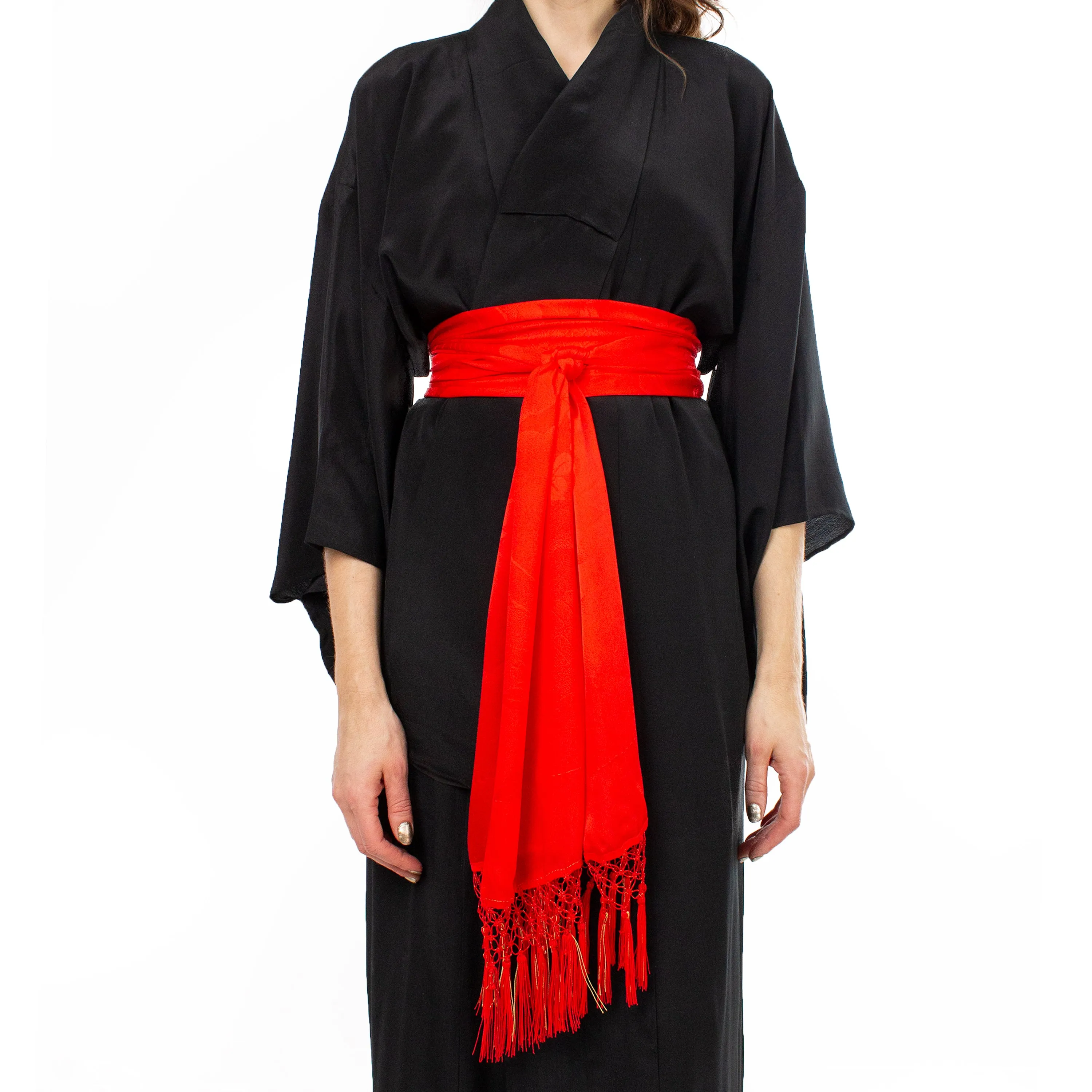 Black Sheer Silk Kimono with Red Crane Sash