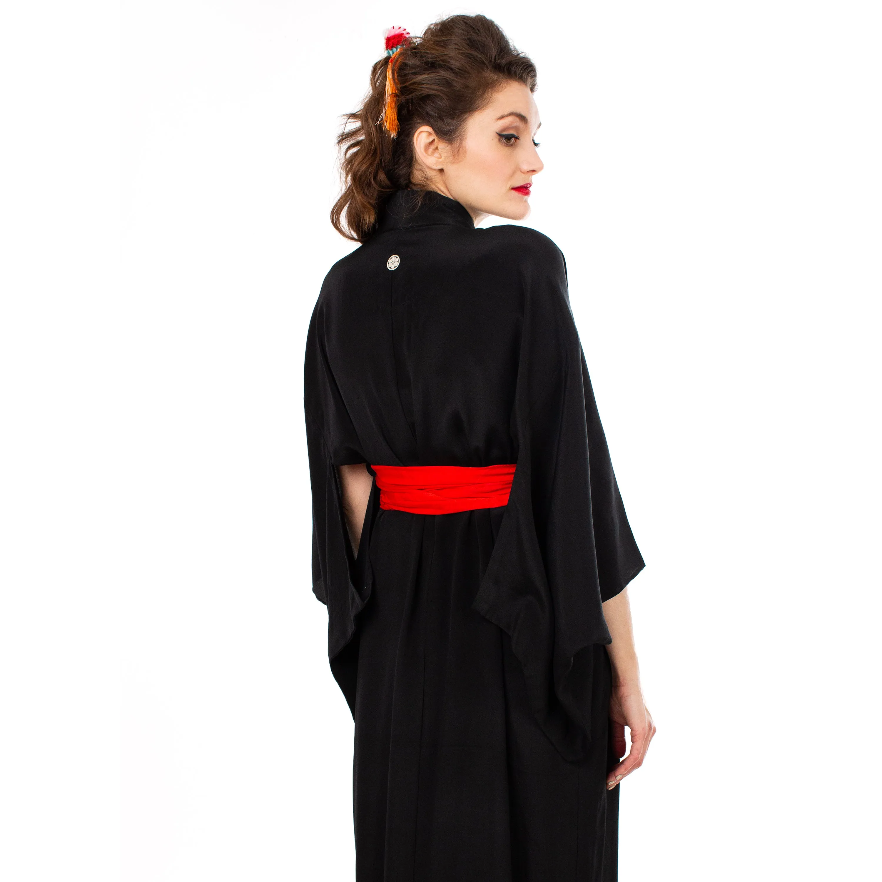 Black Sheer Silk Kimono with Red Crane Sash