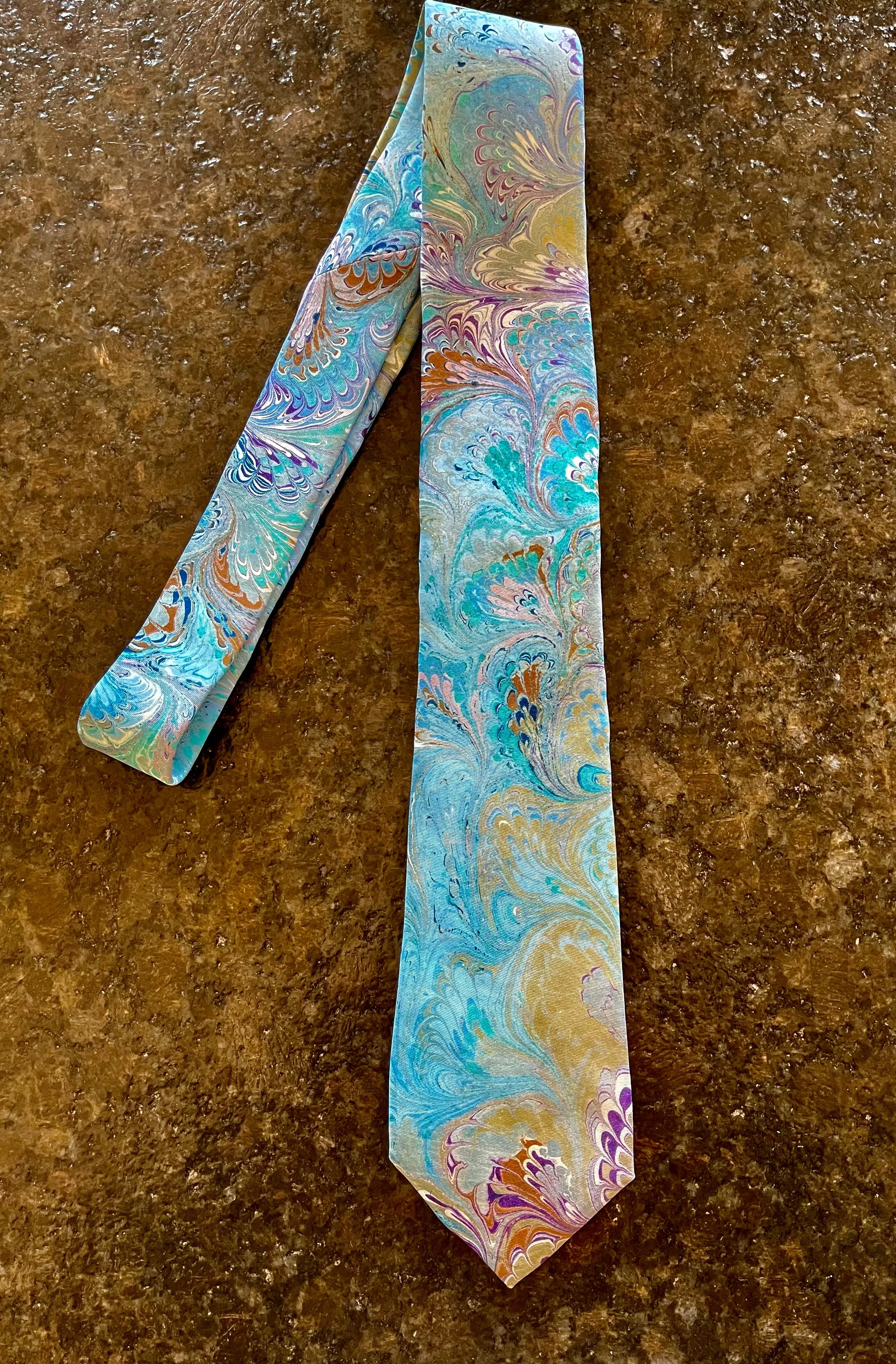 Blue Green Purple bouquet  3” Silk Tie  water marbled