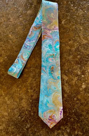Blue Green Purple bouquet  3” Silk Tie  water marbled