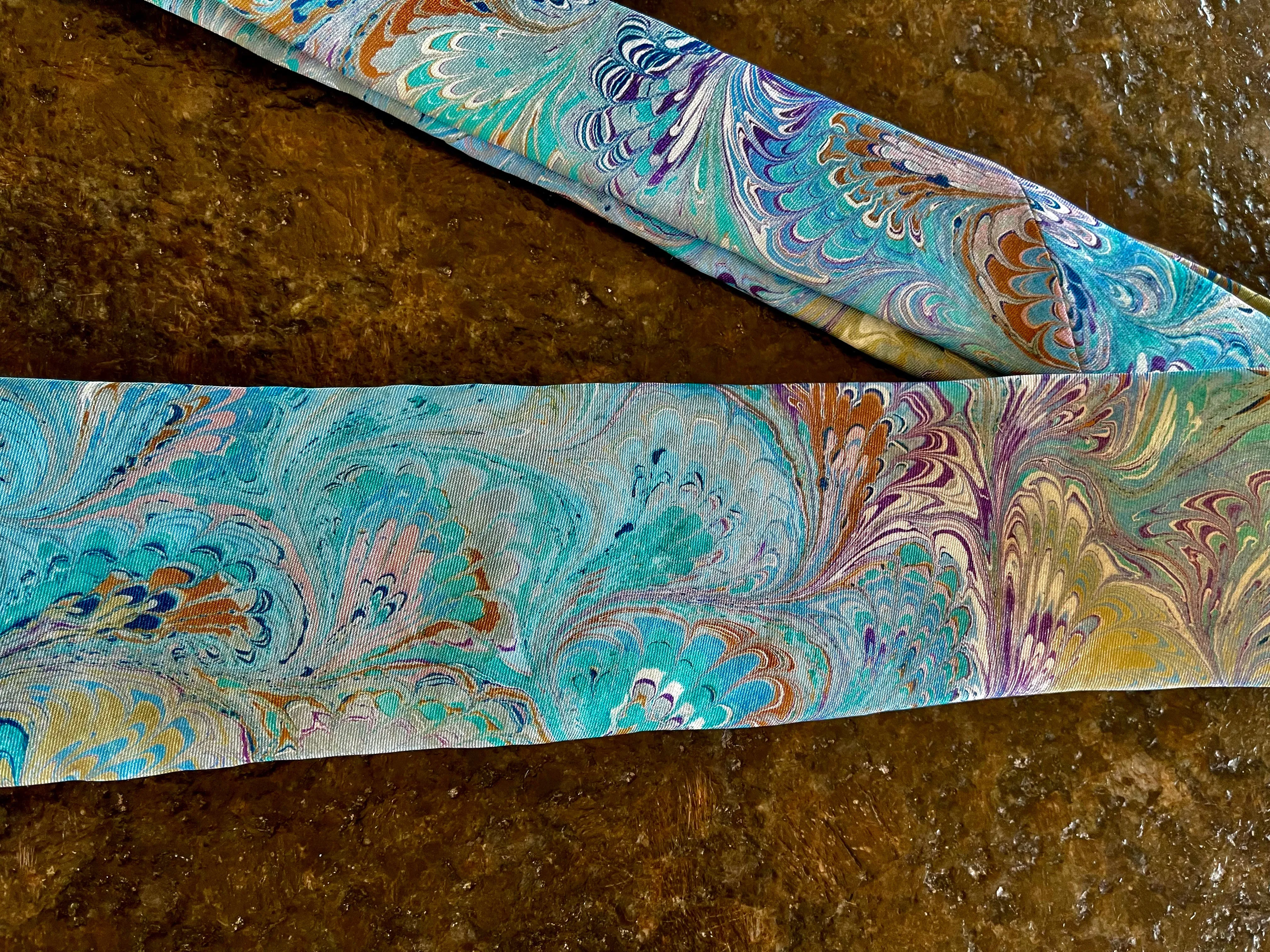 Blue Green Purple bouquet  3” Silk Tie  water marbled