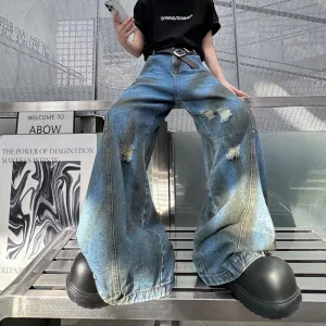 Bonsir skater boy outfits Vintage Washed Straight Wide-Leg Pants Personalized Ripped Flip-down Jeans High Street Men's Vintage Casual Pants