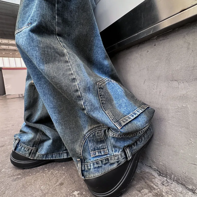 Bonsir skater boy outfits Vintage Washed Straight Wide-Leg Pants Personalized Ripped Flip-down Jeans High Street Men's Vintage Casual Pants