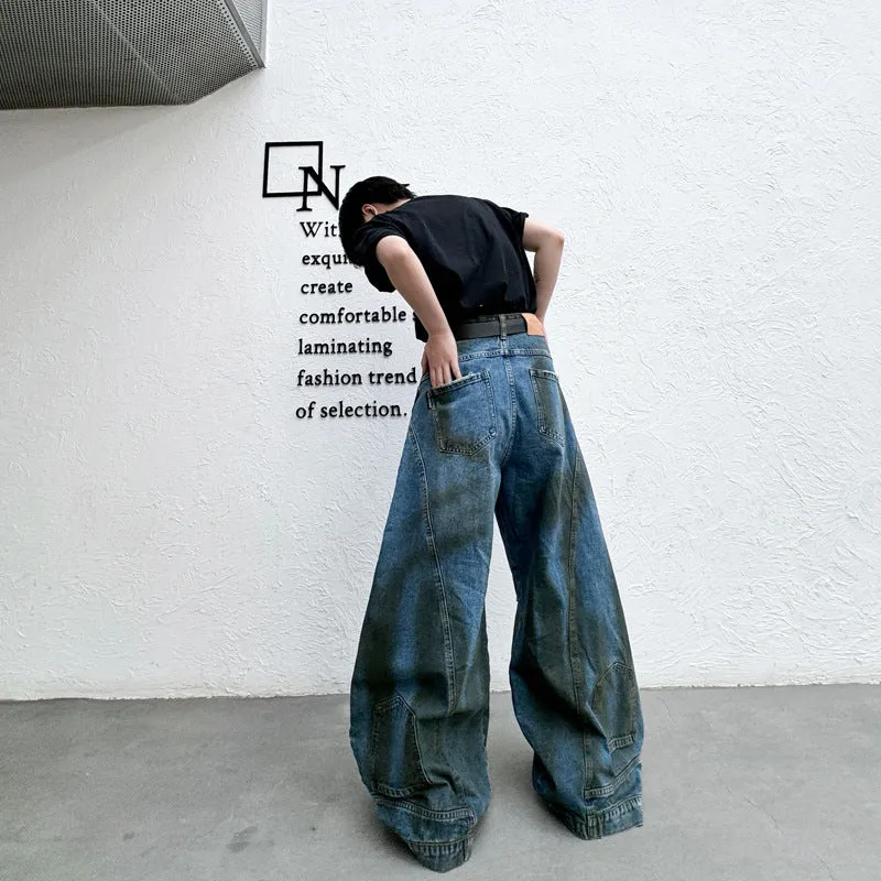 Bonsir skater boy outfits Vintage Washed Straight Wide-Leg Pants Personalized Ripped Flip-down Jeans High Street Men's Vintage Casual Pants