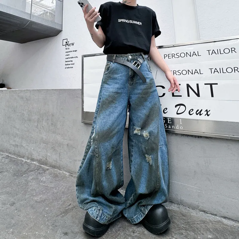 Bonsir skater boy outfits Vintage Washed Straight Wide-Leg Pants Personalized Ripped Flip-down Jeans High Street Men's Vintage Casual Pants