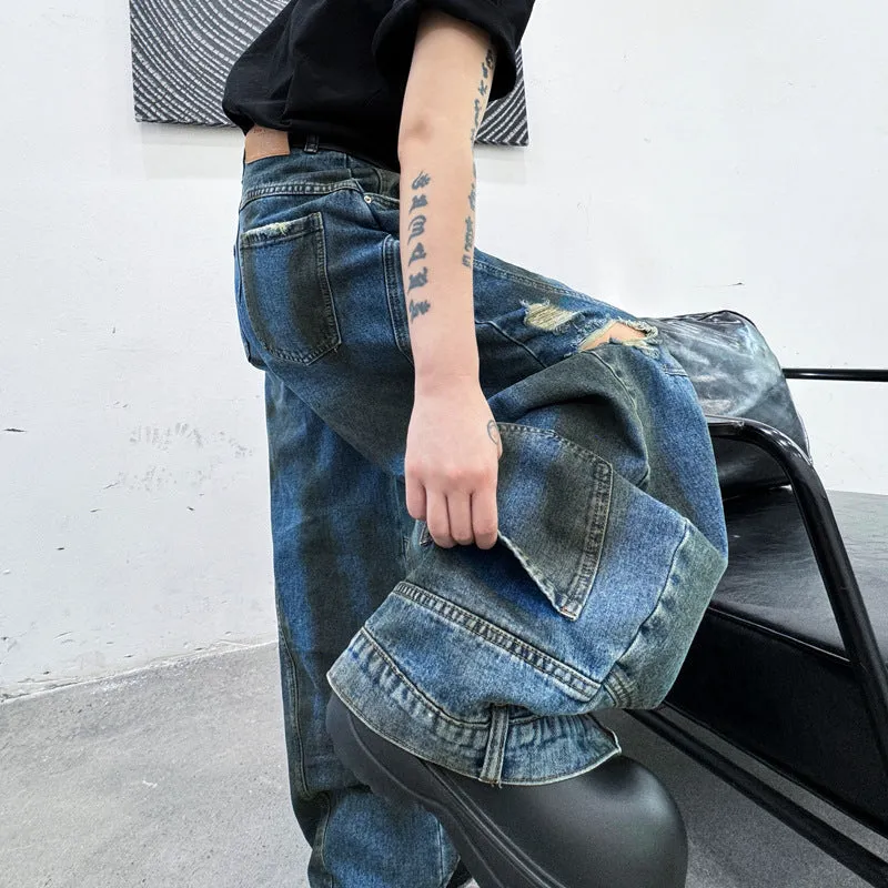 Bonsir skater boy outfits Vintage Washed Straight Wide-Leg Pants Personalized Ripped Flip-down Jeans High Street Men's Vintage Casual Pants