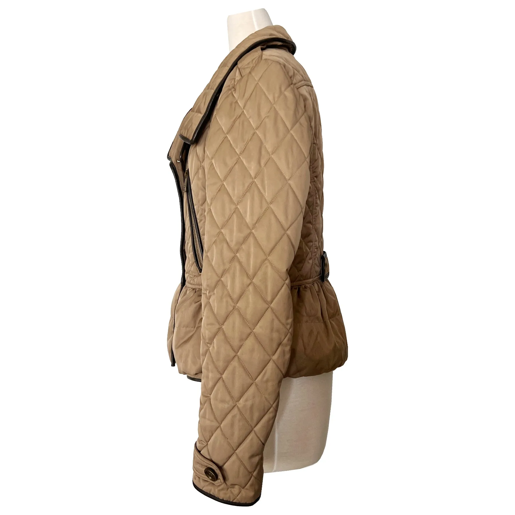 Burberry Brit Tan Khaki Leather Trim Quilted Puffer Double Breasted Jacket Size L