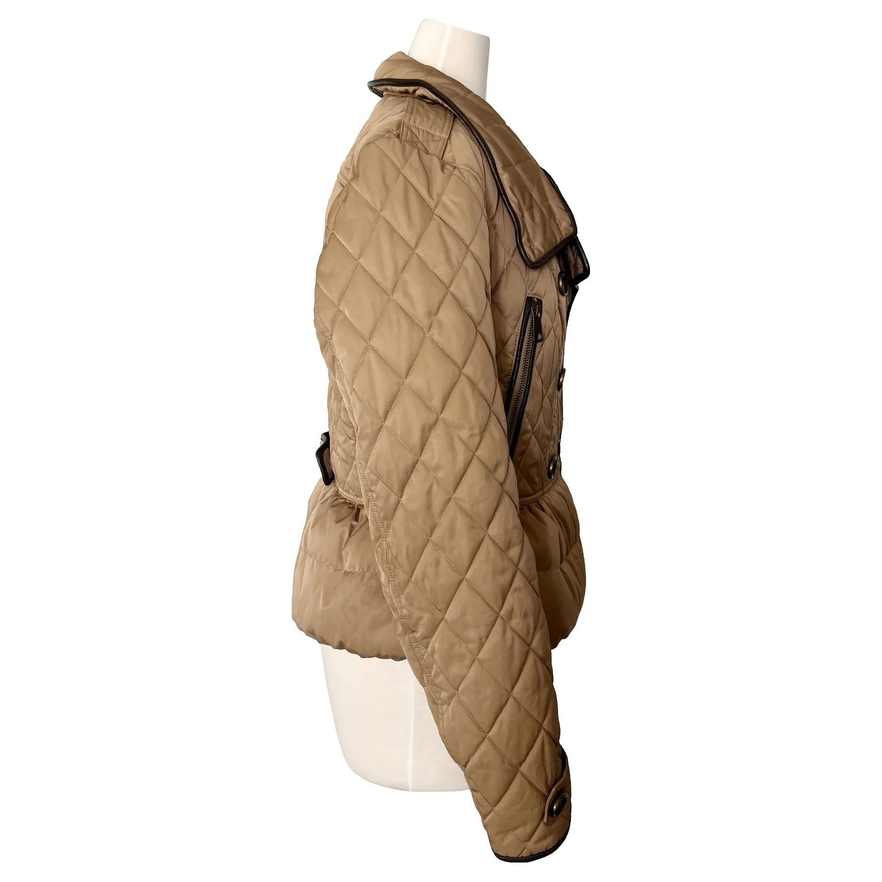 Burberry Brit Tan Khaki Leather Trim Quilted Puffer Double Breasted Jacket Size L