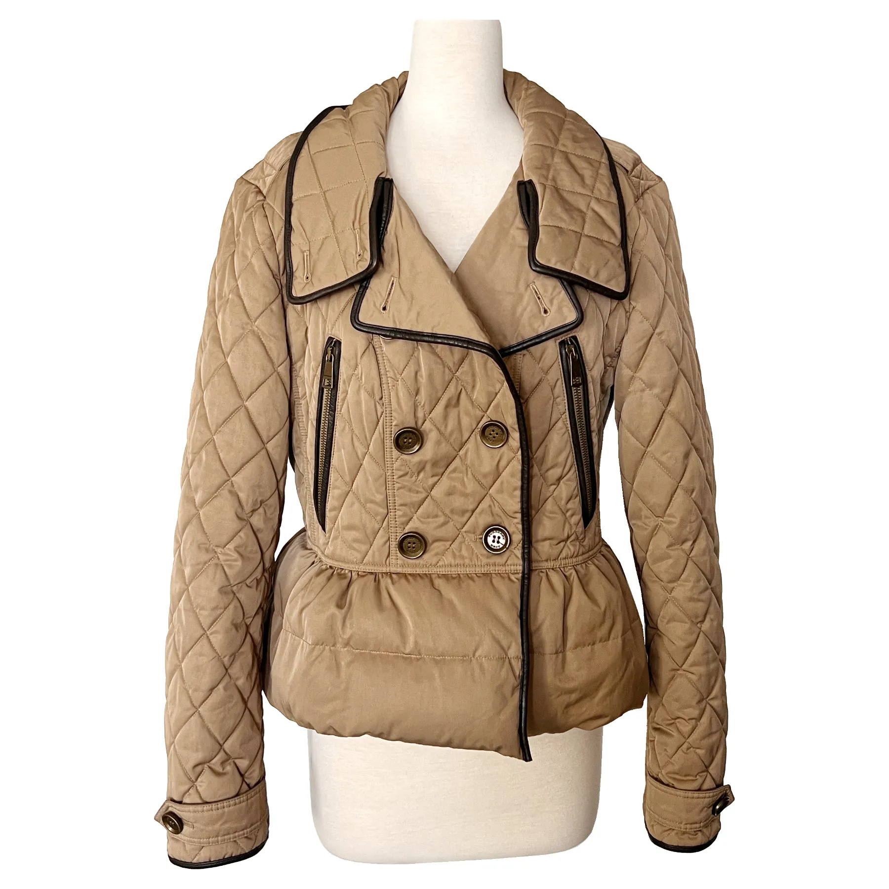 Burberry Brit Tan Khaki Leather Trim Quilted Puffer Double Breasted Jacket Size L