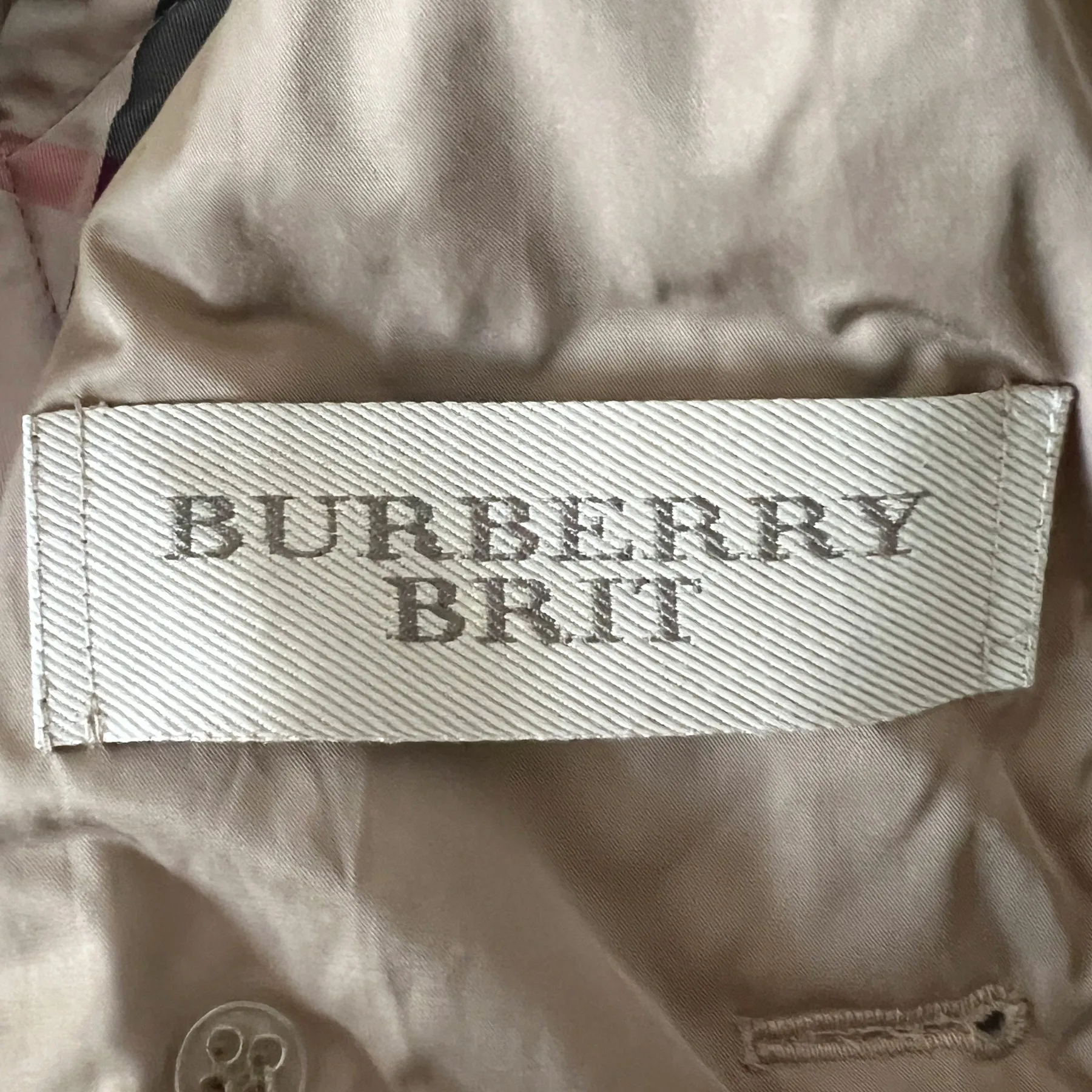 Burberry Brit Tan Khaki Leather Trim Quilted Puffer Double Breasted Jacket Size L