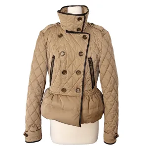 Burberry Brit Tan Khaki Leather Trim Quilted Puffer Double Breasted Jacket Size L