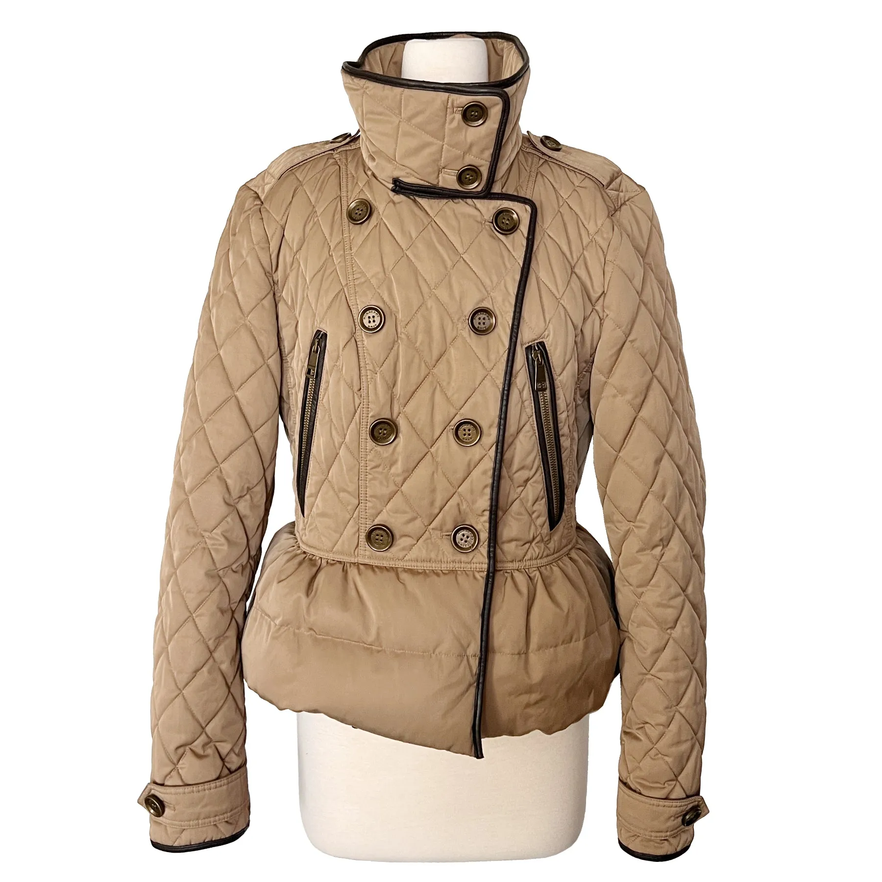 Burberry Brit Tan Khaki Leather Trim Quilted Puffer Double Breasted Jacket Size L