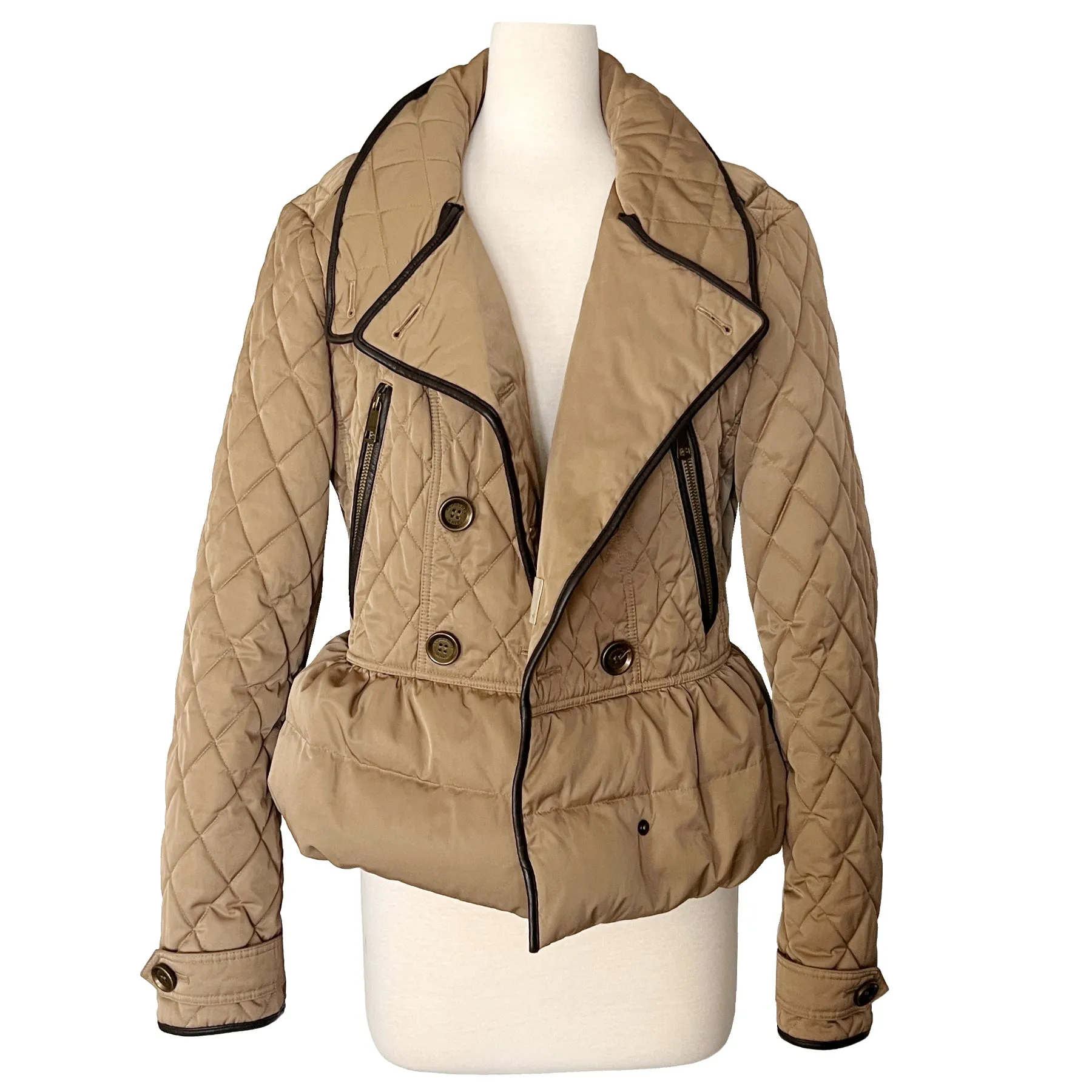 Burberry Brit Tan Khaki Leather Trim Quilted Puffer Double Breasted Jacket Size L