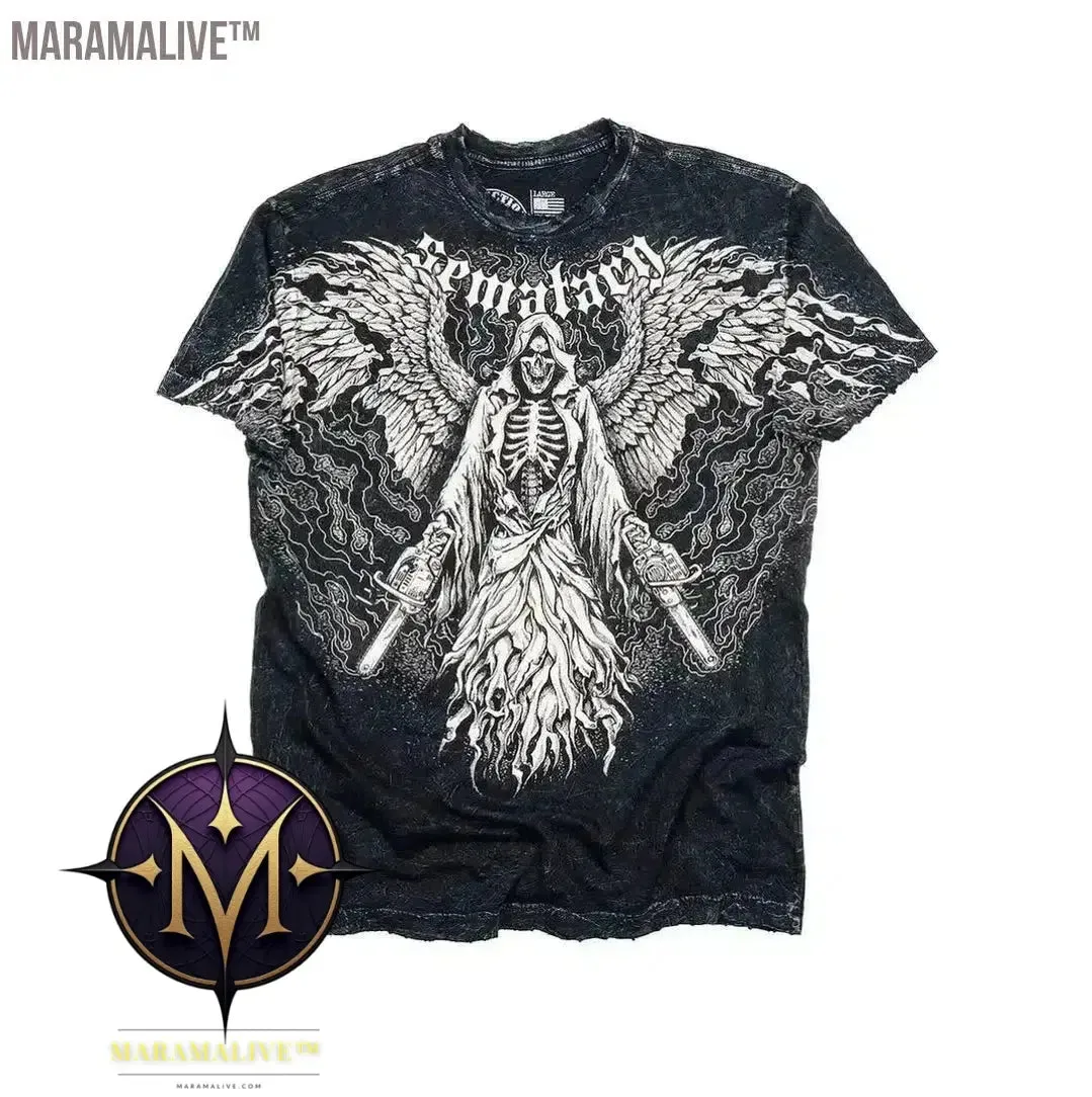 Casual Y2K Hip-Hop Gothic Print T-shirt for Men and Women Short-Sleeved Streetwear Fashionable Retro Top