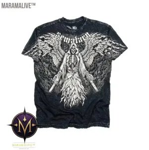 Casual Y2K Hip-Hop Gothic Print T-shirt for Men and Women Short-Sleeved Streetwear Fashionable Retro Top