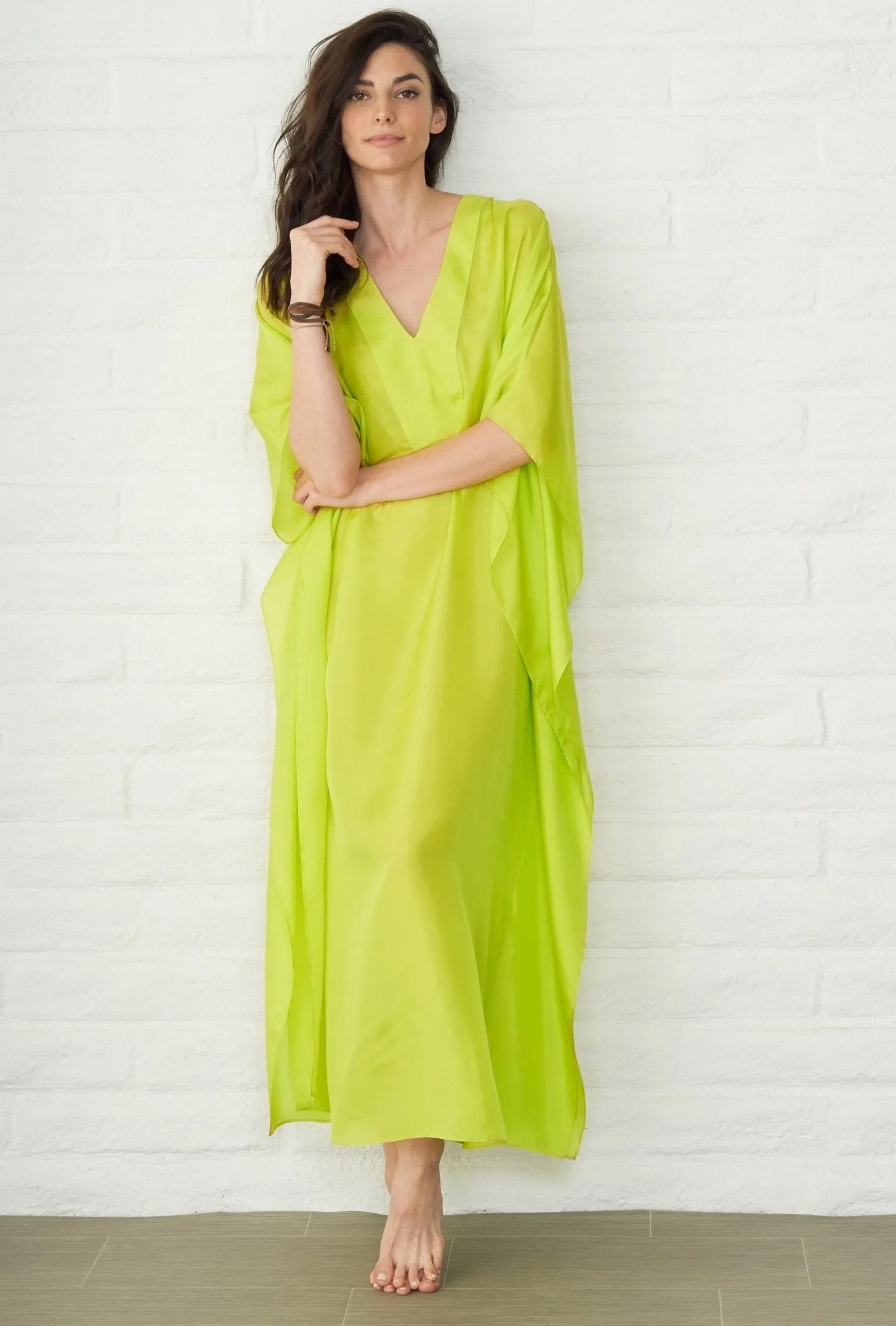 Chartreuse Silk Placket V-Neck Long Caftan - Sale