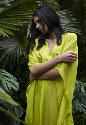 Chartreuse Silk Placket V-Neck Long Caftan - Sale