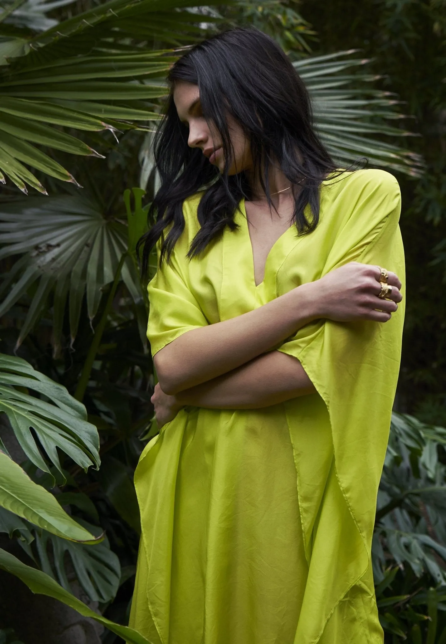 Chartreuse Silk Placket V-Neck Long Caftan - Sale