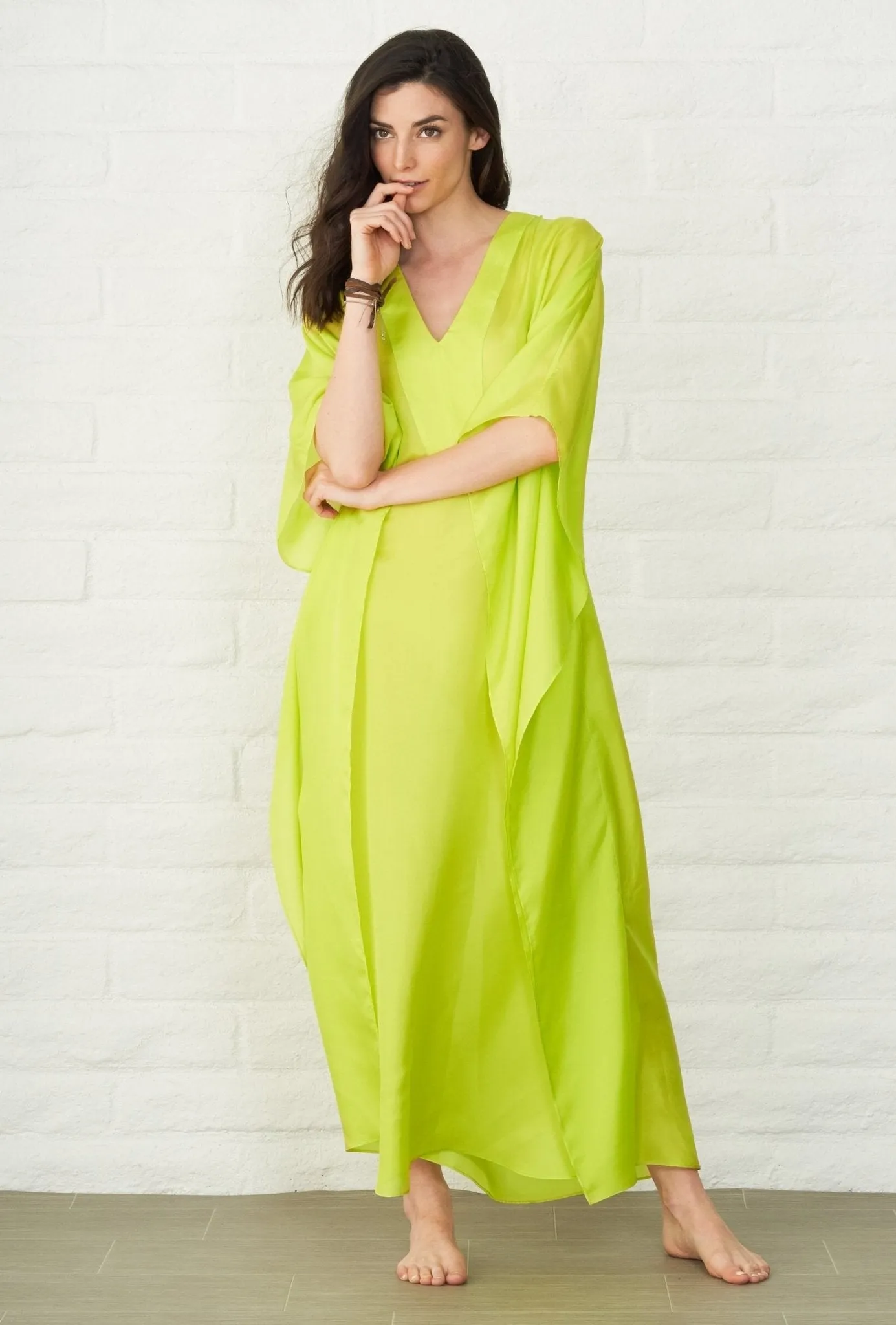 Chartreuse Silk Placket V-Neck Long Caftan - Sale