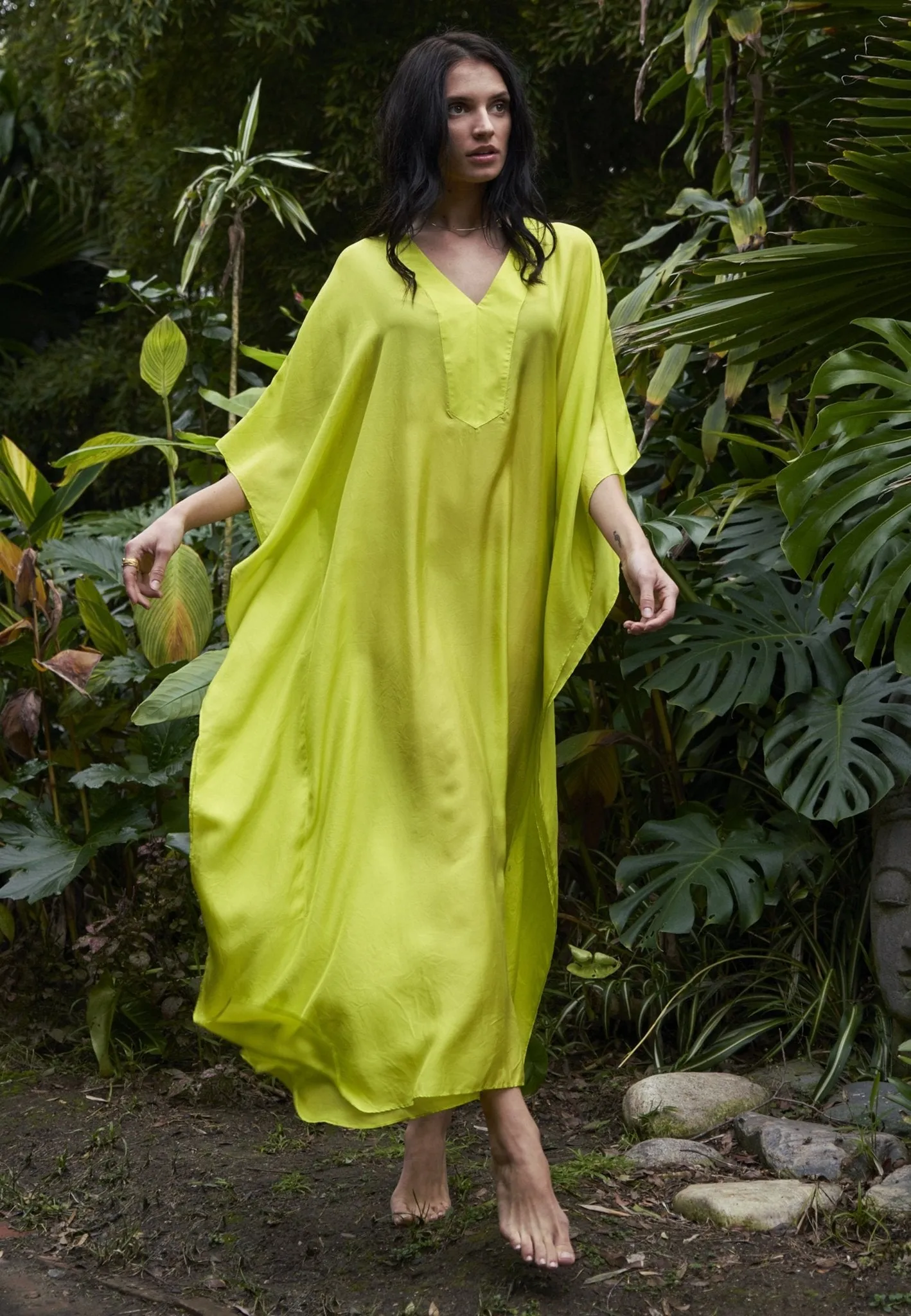 Chartreuse Silk Placket V-Neck Long Caftan - Sale