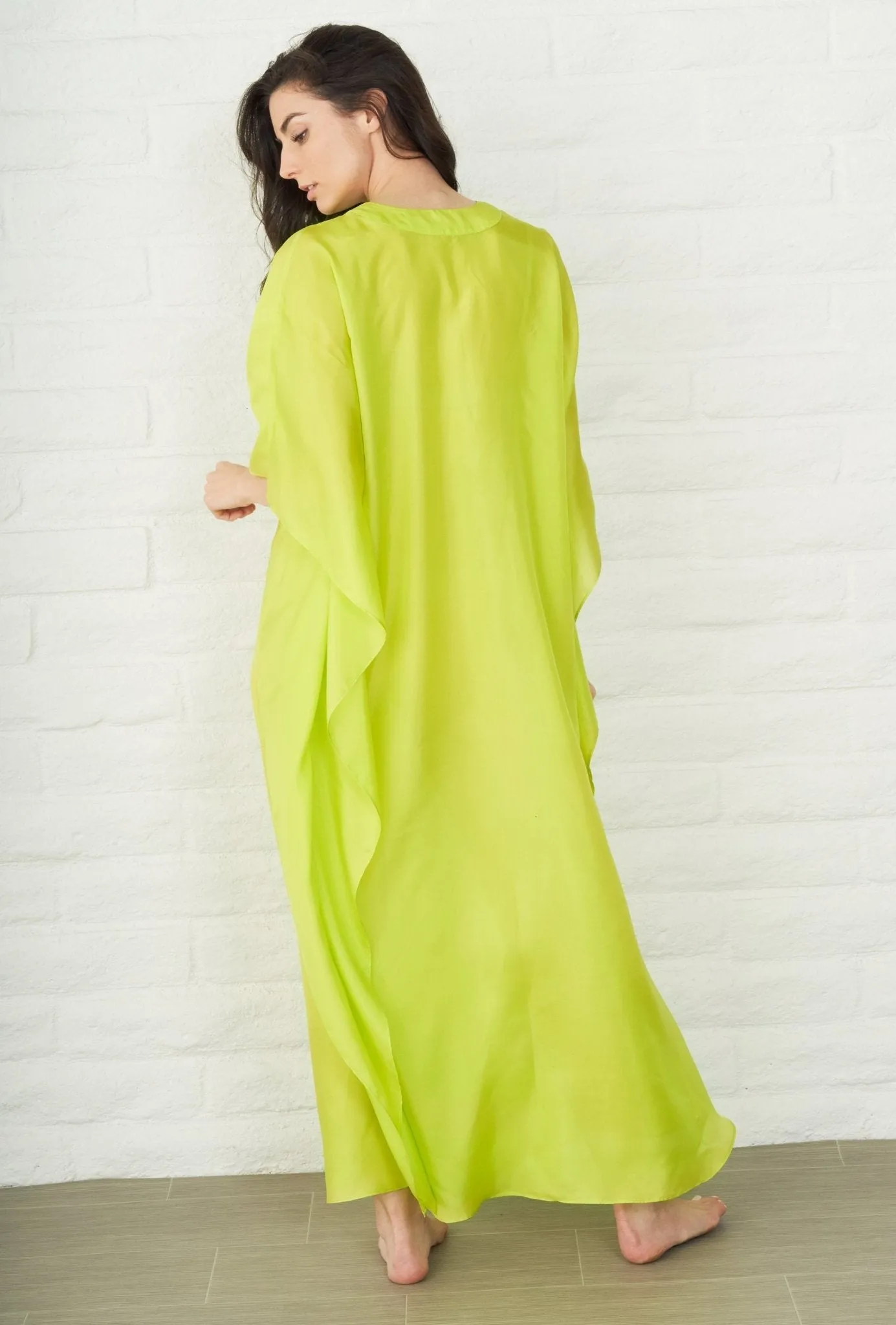 Chartreuse Silk Placket V-Neck Long Caftan - Sale